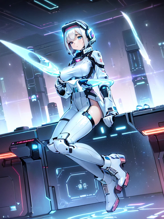 masterpiece:1.4, 1girl in ((20yr old, Wearing a futuristic white and silver costume, Tight Fit Bodysuit, long boots, Very gigantic-breasts, Multicolored blonde hair, a short bob, Perfect model body, Blue eyes:1.4, Wearing headphones, (holding panties
presenting panties):1.6, Plain white panties, Looking out the window of the futuristic sci-fi space station、While admiring the beautiful galaxy:1.2, SFSF control room on night background:1.1, Neon and energetic atmosphere:1.2)) ((Galaxy)) ((Solo:1.6))