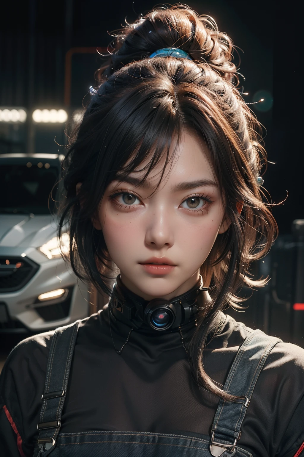 In the future world，kosmos，cyber punk perssonage，Wandering Earth，The Car，the motorcycle，Double eyelid boys and girls，Teamwork，Save the world，alien spaceship，extreme light，laser，Perfect hair，Perfect facial details，perfect facial expression，Perfect skin，True skin texture，wearing overalls，Technological equipment，Faraway view，full bodyesbian，Multiple images can be spliced together