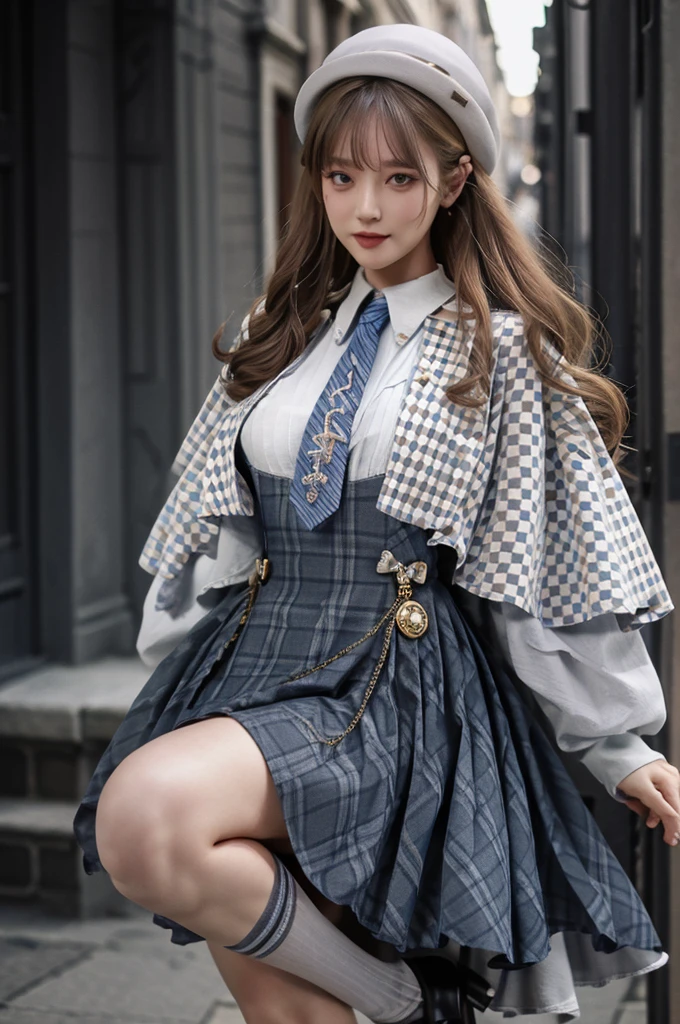 actual, realisticlying, tmasterpiece, absurd res, Extremely ridiculous, The is very detailed, Best quality at best, garments, has cleavage, knee length socks, full bodyesbian, 1个Giant Breast Girl, Alone, brunette color hair, light smile, looking at viewert, detailedbackground, Permanent, Classic European town, the night, dramatic lights,