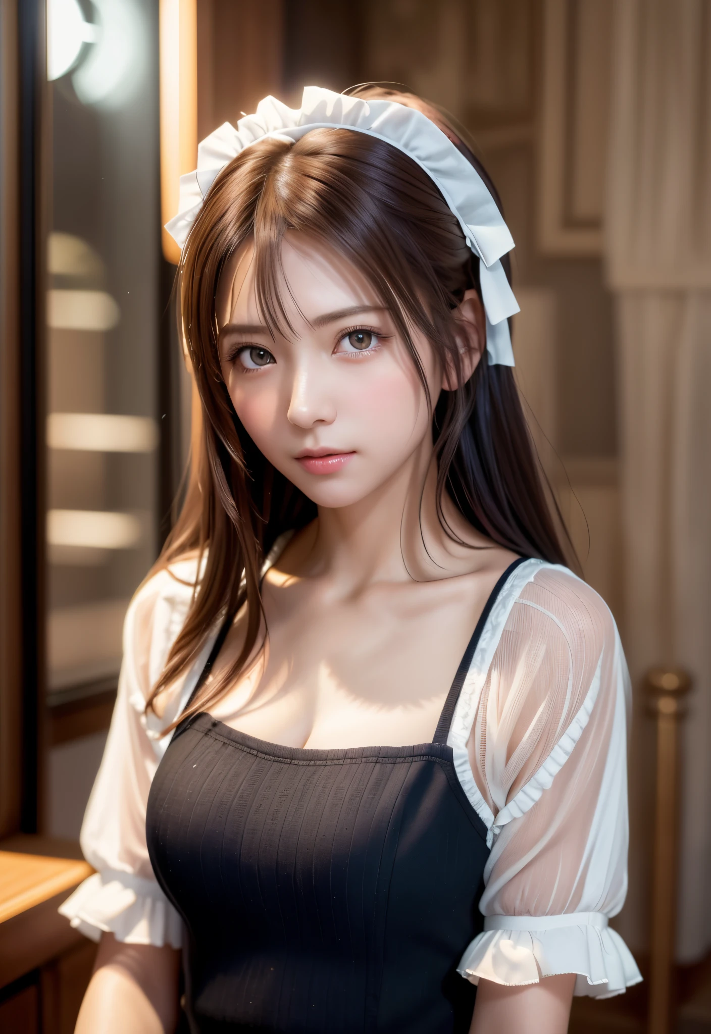 8K, of the highest quality, masutepiece:1.2), (Realistic, Photorealsitic:1.37), of the highest quality, masutepiece, Beautiful young woman, Pensive expression,、A charming、and an inviting look, Cute Maid Clothes, Hair tied back, Cinematic background, Light skin tone