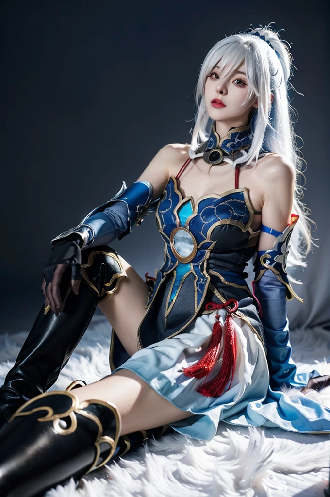 Best quality at best, tmasterpiece, realisticlying, 1个Giant Breast Girl, Alone, full bodyesbian, Permanent, hair between eye, holdingsword, Jingliu cosplay costume, White hair, roleplaying, a skirt, Chinese clothes, Long boots, high heels boots, separated sleeves, gloves on the elbow, mitts, hair adornments, simple backgound,