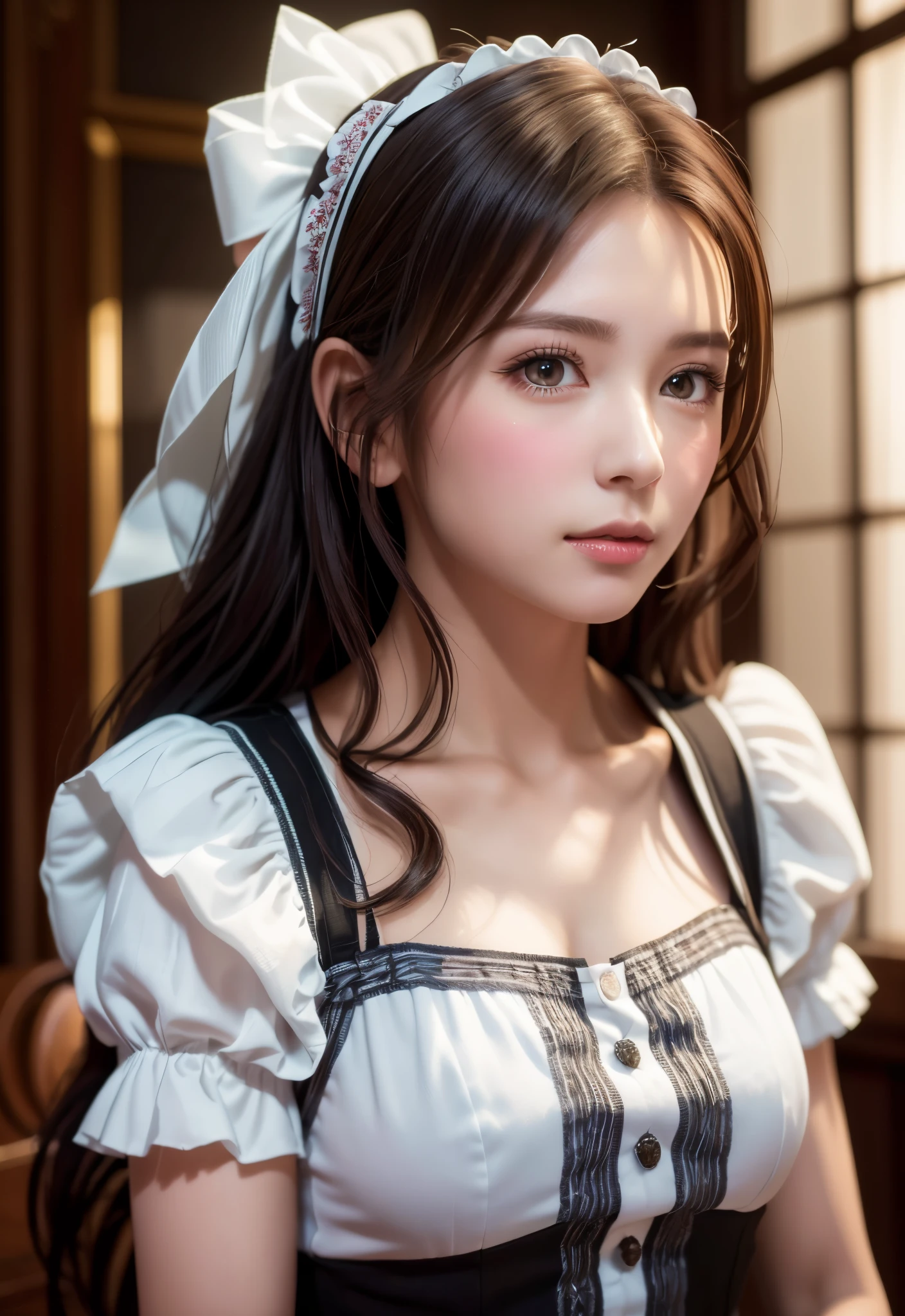 8K, of the highest quality, masutepiece:1.2), (Realistic, Photorealsitic:1.37), of the highest quality, masutepiece, Beautiful young woman, Pensive expression,、A charming、and an inviting look, Cute Maid Clothes, Hair tied back, Cinematic background, Light skin tone