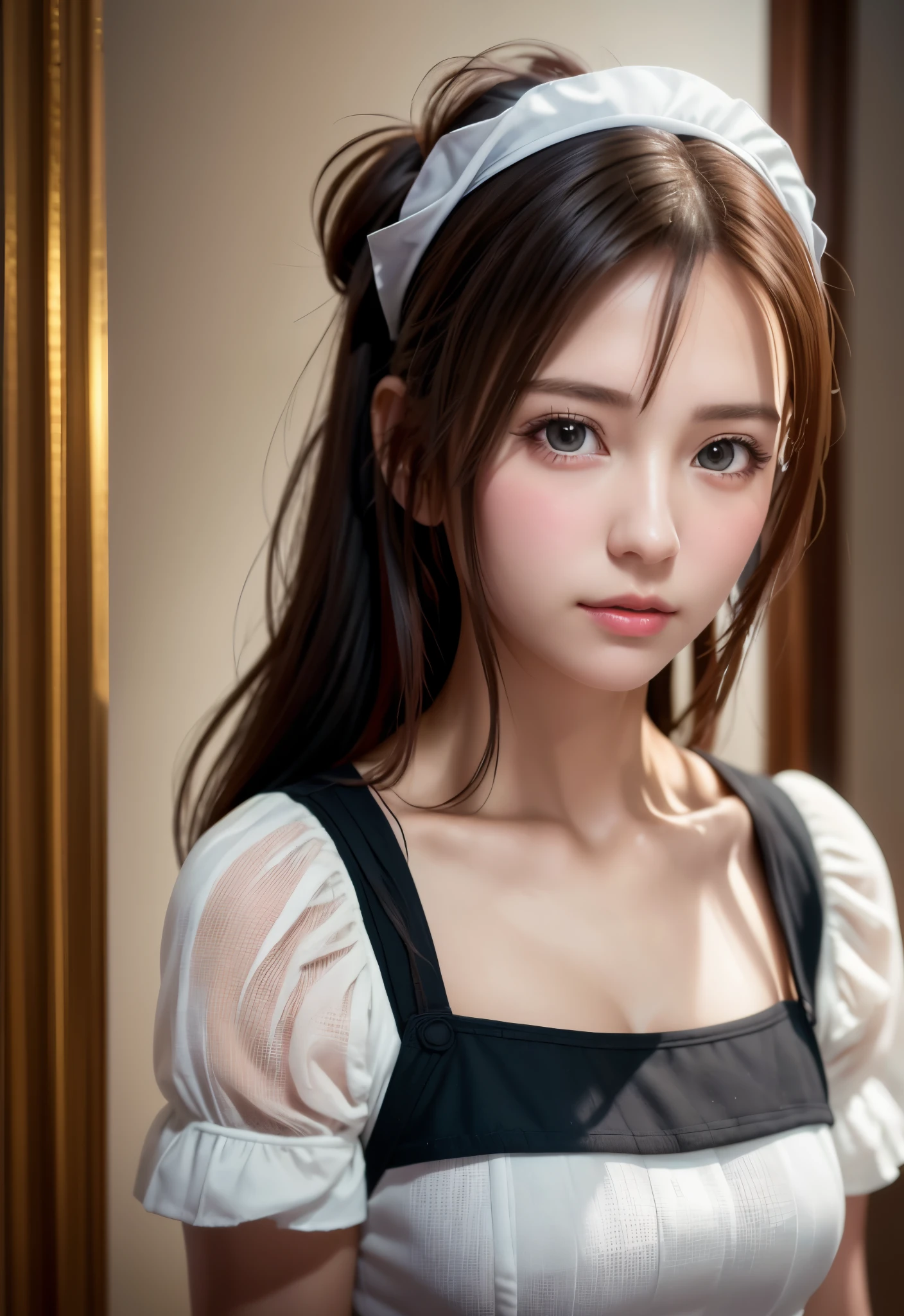 8K, of the highest quality, masutepiece:1.2), (Realistic, Photorealsitic:1.37), of the highest quality, masutepiece, Beautiful young woman, Pensive expression,、A charming、and an inviting look, Cute Maid Clothes, Hair tied back, Cinematic background, Light skin tone