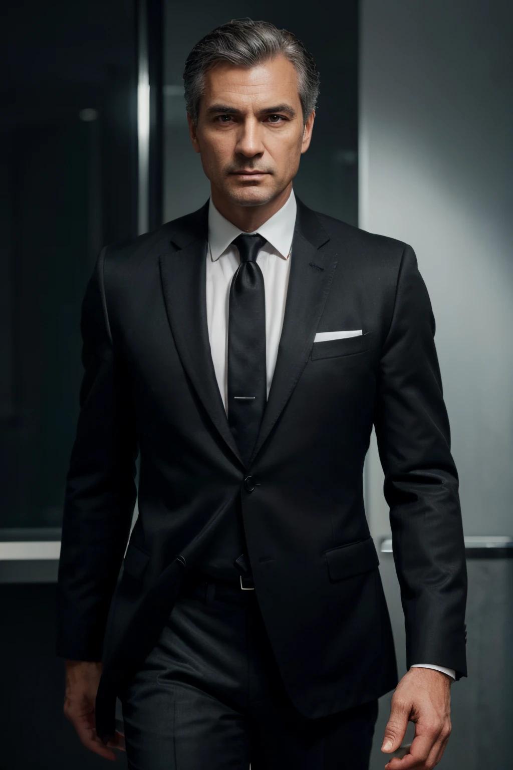 Up、Make a handsome man in his 50s in a black suit and tie, vd, grey hair and no beard, (Man in black suit and tie), ), Attractive and serious look, short grey hair, Stylish and elegant, Suit-fit shave and strong body, (hightquality, Realistic images), Dark black and light on image background, Film Style, ((top-quality, 8K, masterpiece), ultra hi definition photo, (beautiful faces detailed, detail skin texture, hyperdetailed body:1.1)