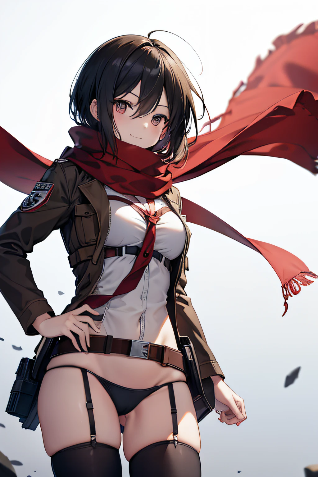 ((Masterpiece)), ((Best Quality)), 8K, high image quality, super detaill, Mikasa Ackerman, 1girl,solo,(A red scarf is tied around the neck.), Wear the Attack on Titan Survey Corps costume.,thong, stockings,large breasts,black top,black thighhighs,ass,Bare hands, black eyes, bright eyes,bright background,Sorrisos