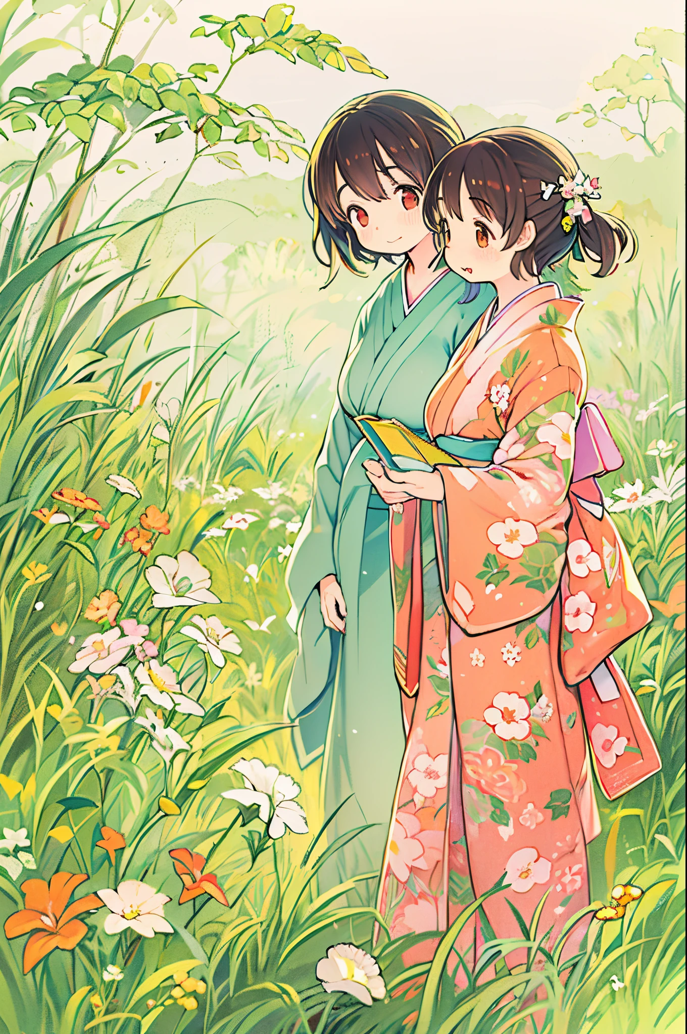 fairytale illustration/Reiko Ikemura, pixabay, simple art, full color illustration, Cute fairy tale illustration, Picture book illustration, Illustration, Hayao Miyazaki's style, In the field, Kimono, Kimono、Two girls、lesbian