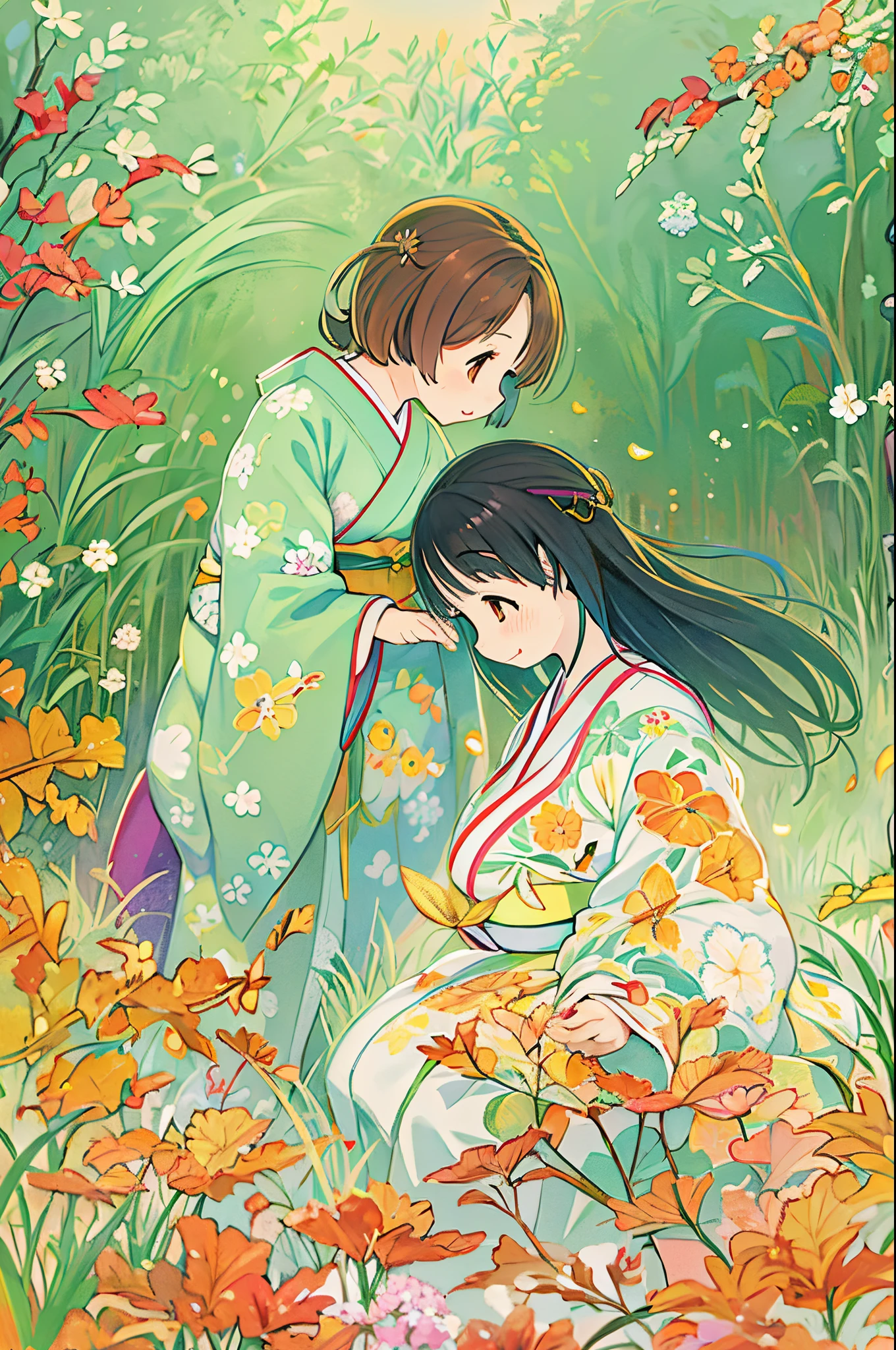fairytale illustration/Reiko Ikemura, pixabay, simple art, full color illustration, Cute fairy tale illustration, Picture book illustration, Illustration, Hayao Miyazaki's style, In the field, Kimono, Kimono、Two girls、lesbian