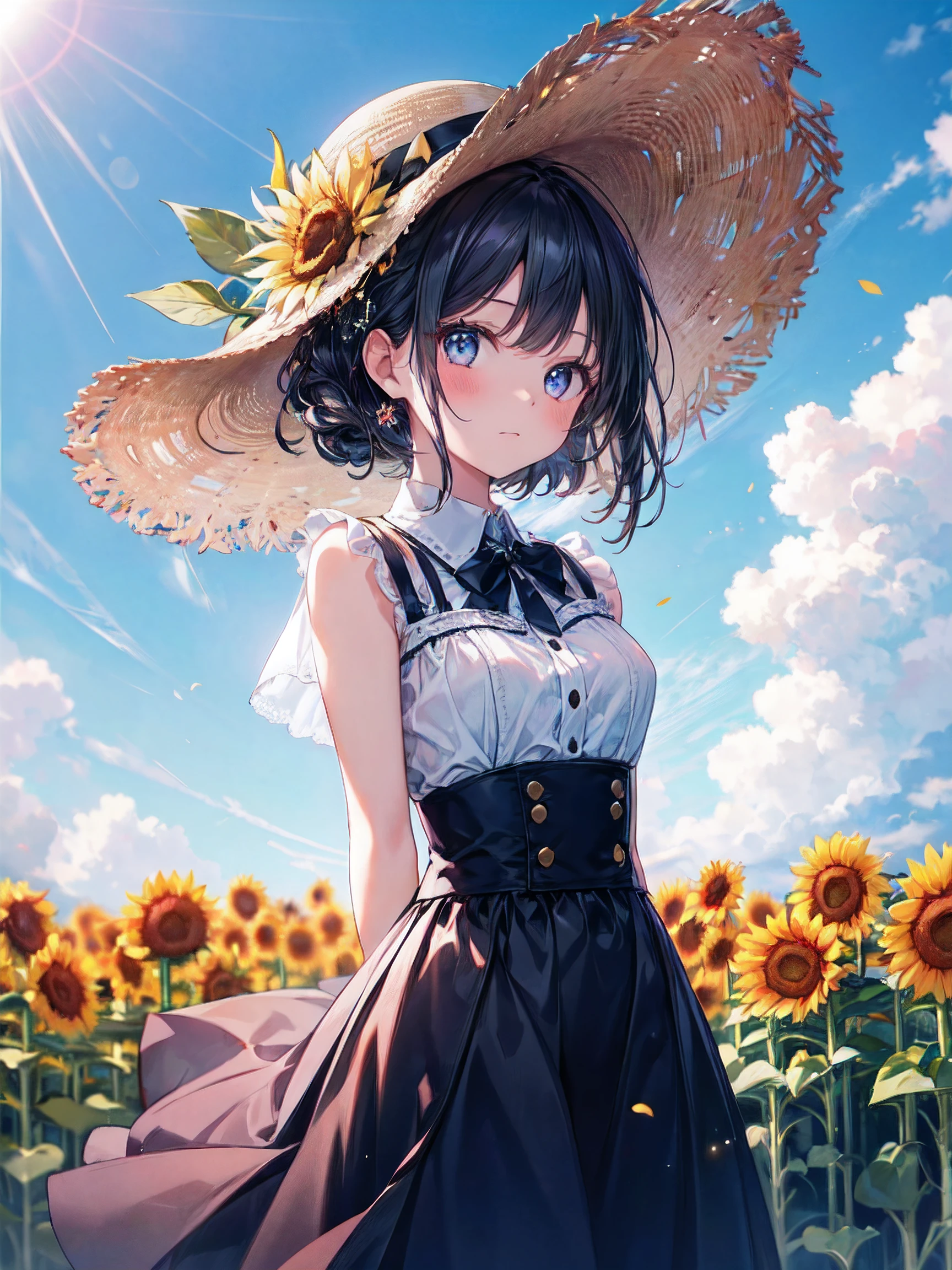 (masterpiece, High quality), (1 girl,), a hat, beautiful sunflower, sunflower field, sunflower field, on a sunny day, blue_sky, arms behind back, black hair,