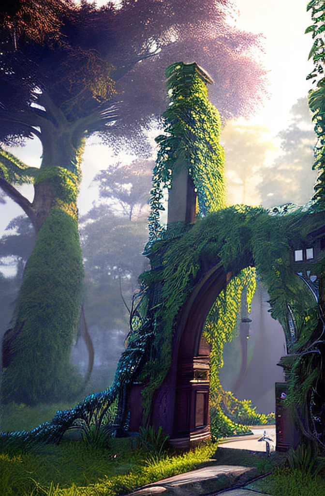 (Digital Artwork:1.3) of (Sketched:1.1) octane render of a mysterious dense forest with a large (magical:1.2) gate (portal:1.3) to the eternal kingdom, blade runner, intricate (vine:1.2), massive tree in liquid metal, realistic digital painting portrait, shot at 8k resolution, petrol liquid, pastel color, splash art, blue and purple magic universe, light engrave in intricate details, (light particle:1.2), (game concept:1.3), (depth of field:1.3), global illumination,Highly Detailed,Trending on ArtStation
