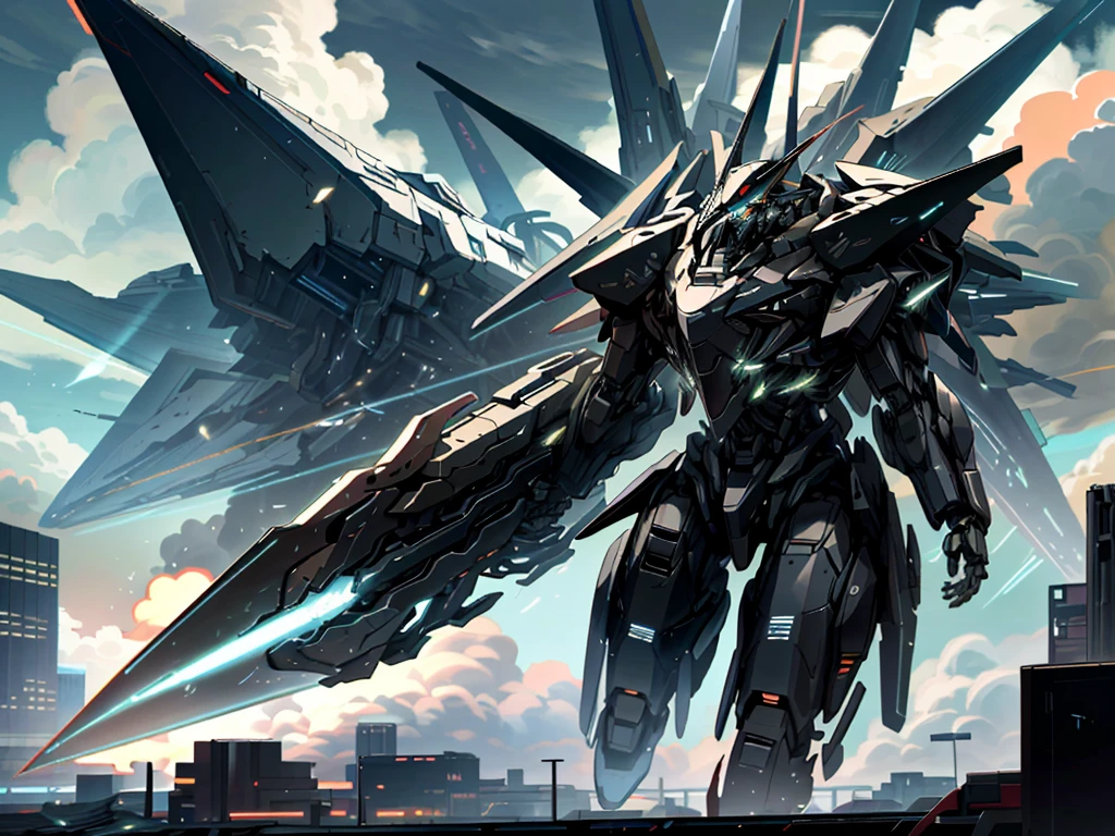 sky, cloud, holding_weapon, no_humans, glowing, , robot, building, glowing_eyes, mecha, science_fiction, city, real, mech, snipe colony with strongest beam and shoot down destruction, possess double rifle, strafe funnel, attack for revival, space colony explodes