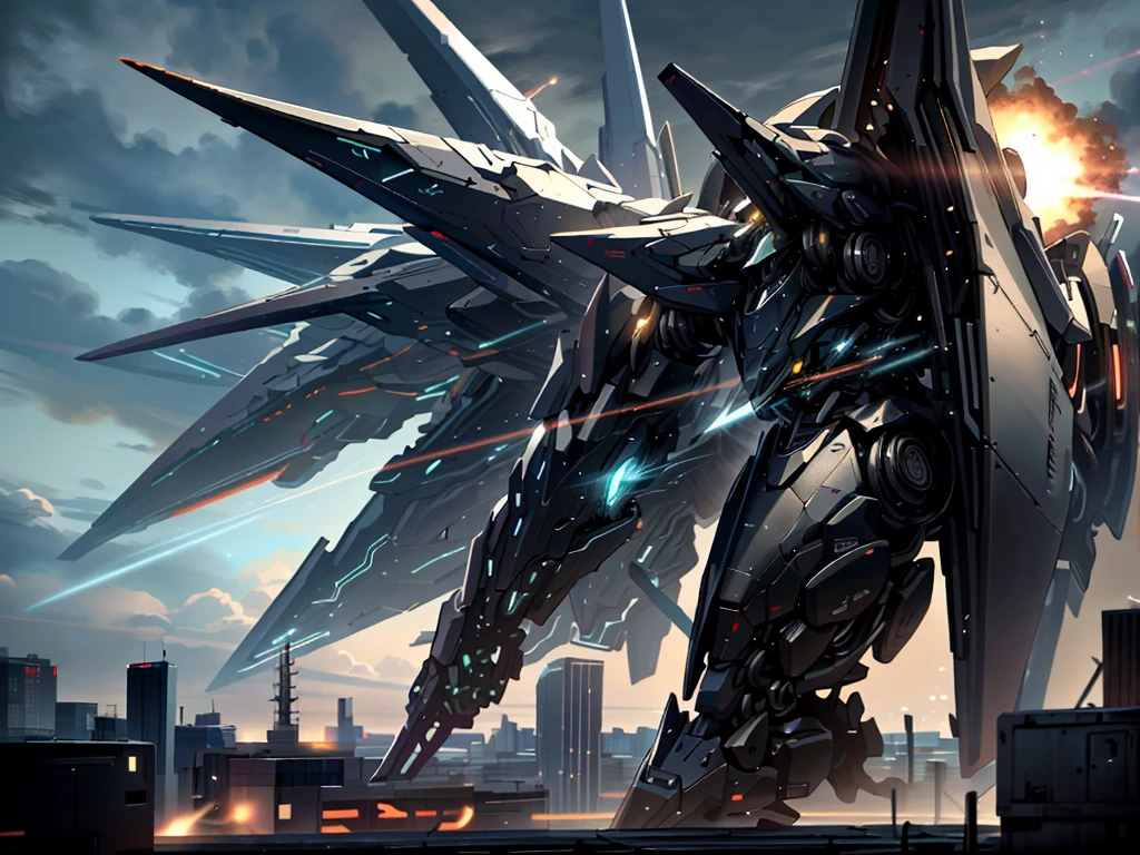 sky, cloud, holding_weapon, no_humans, glowing, , robot, building, glowing_eyes, mecha, science_fiction, city, real, mech, snipe colony with strongest beam and shoot down destruction, possess double rifle, strafe funnel, attack for revival, space colony explodes
