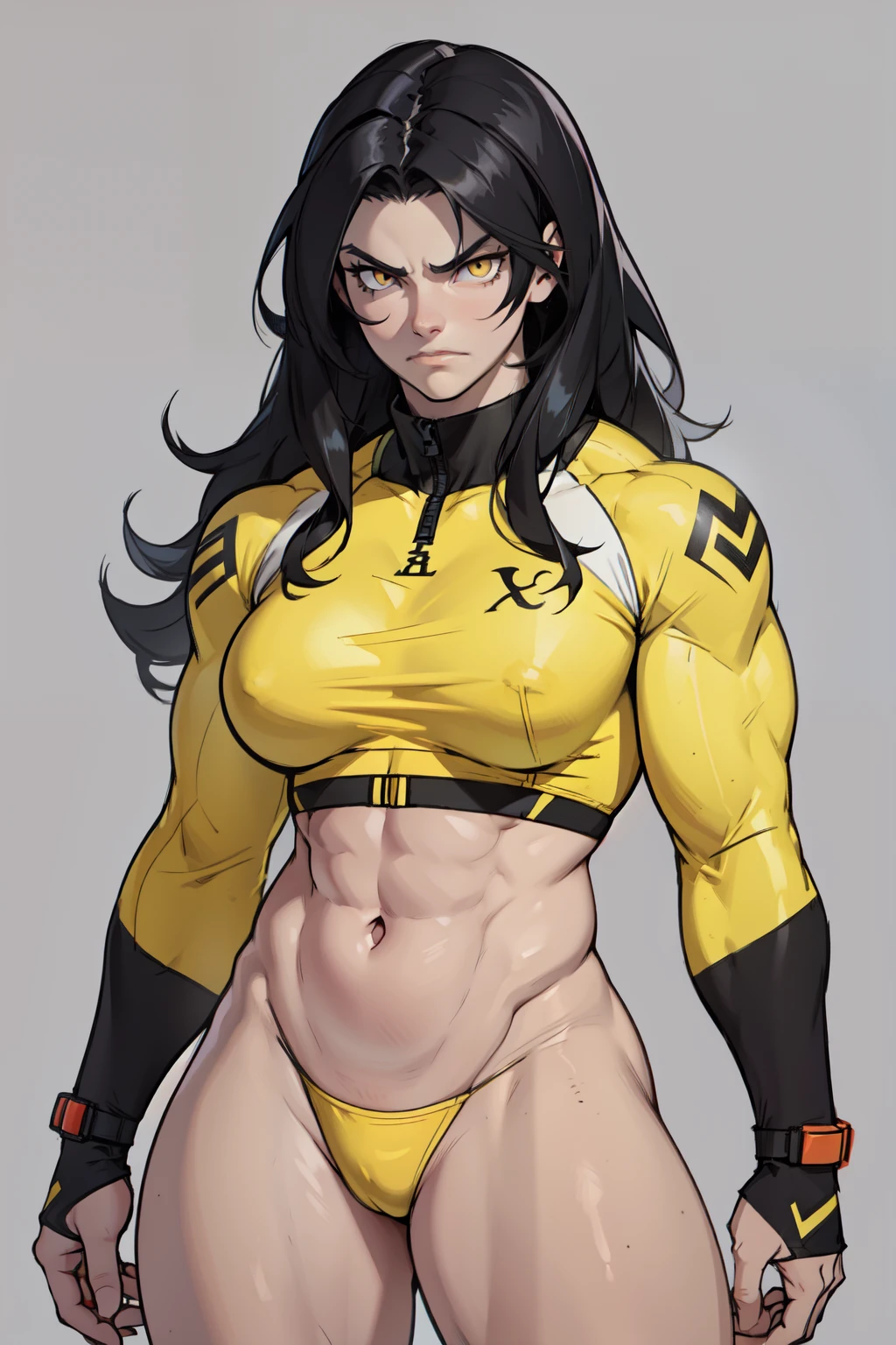 girl ((1girl)) pale skin (muscular) toned body thick thighs black hair yellow eyes (long hair grey background) bodybuilder frowning (skindentation)