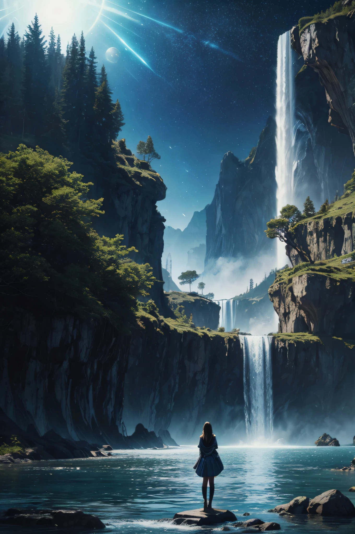 Cosmic cities in the distance, a tall girl figure facing forward and looking into the distance colors and space. lifestyle photography, candid, realistic, epic realism, cinematic, epic realism,8K, highly detailed and water falls behind her and more cosmic, movie like, Alexis donn, ripple in time and space with earth in the distance, meteors, waterfalls, transcending waters, begin again, who am I meant to be, standing on a rock, looking into the distance