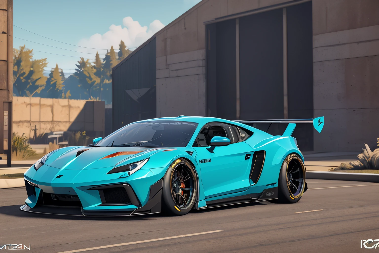 ((Supercar-forza horizon game ready design)), bubblegum blue paintwork, matte black racing alloys, large rear spoiler, wide body kit, custom design build, cinematic, wide angle, HDR studio light, tactical bodywork for supreme aerodynamics, crisp and sharp, 3ds max, maya, blender, cgsociety, behance contest winner, trending on artstation, racing exhaust system, abandoned streets surrounded by huge futuristic mega structures, post apocalyptic design, 4k wallpaper, Octane render, unreal engine, unity game design, Houdini VFX render, enhanced aerodynamics and stealth design aesthetic