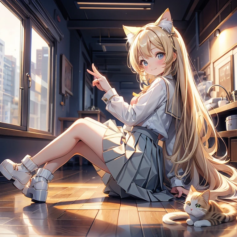 best quality, girl, (li), kawaii, long hair, blonde hair, light smile, ((small breasts)), (turning around), (pleated_skirt), looking back, sitting, seifuku, full body, cat ear,