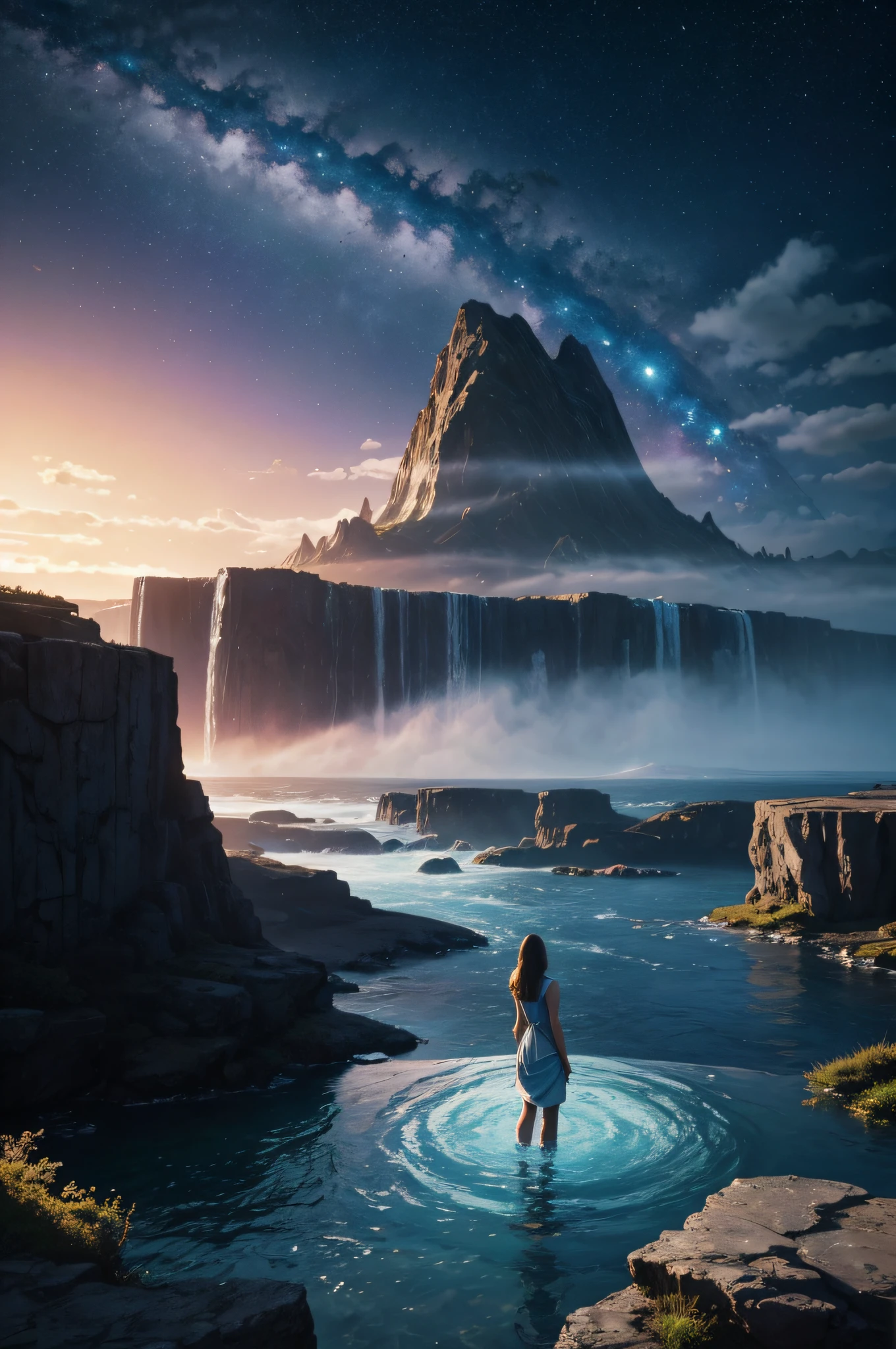 Cosmic cities in the distance, a tall girl figure facing forward and looking into the distance colors and space. lifestyle photography, candid, realistic, epic realism, cinematic, epic realism,8K, highly detailed and water falls behind her and more cosmic, movie like, Alexis donn, ripple in time and space with earth in the distance, meteors, waterfalls, transcending waters, begin again, who am I meant to be, standing on a rock, looking into the distance