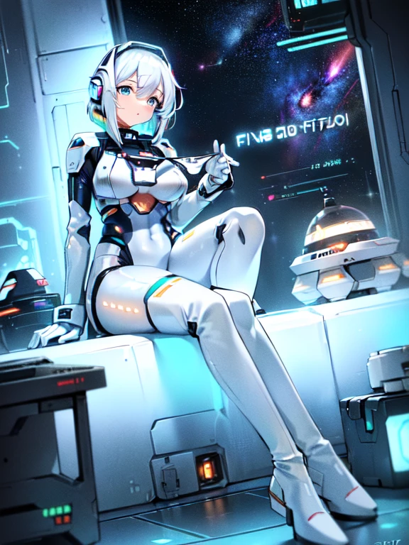 ​masterpiece:1.4, 1girl in ((20yr old, Wearing a futuristic white and silver costume, Tight Fit Bodysuit, long boots, Very gigantic-breasts, Multicolored blonde hair, a short bob, Perfect model body, Blue eyes:1.2, Wearing headphones, (holding panties presenting panties):1.7, Plain white panties, Looking out the window of the futuristic sci-fi space station、While admiring the beautiful galaxy:1.2, SFSF control room on night background:1.1, Neon and energetic atmosphere:1.2)) ((Galaxy))