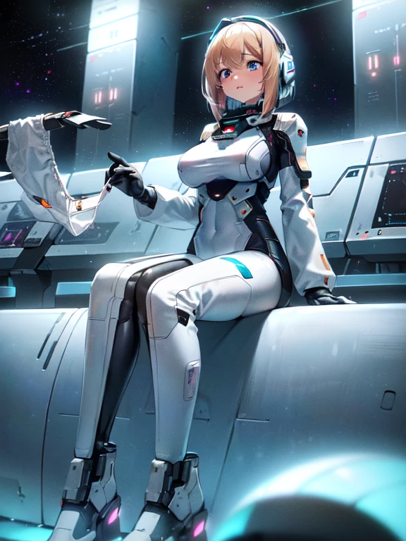 ​masterpiece:1.4, 1girl in ((20yr old, Wearing a futuristic white and silver costume, Tight Fit Bodysuit, long boots, Very gigantic-breasts, Multicolored blonde hair, a short bob, Perfect model body, Blue eyes:1.2, Wearing headphones, (holding panties presenting panties):1.7, Plain white panties, Looking out the window of the futuristic sci-fi space station、While admiring the beautiful galaxy:1.2, SFSF control room on night background:1.1, Neon and energetic atmosphere:1.2)) ((Galaxy))