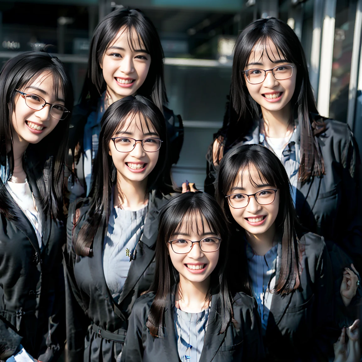 a picture、6+girl with、Black-rimmed glasses、((((Gigantic Breasts))))、matching school uniform、matching black-rimmed glasses、7 cute 18 year old girls with long black hair and big breasts、a smile、selfee、Classroom、Raw photo、The same face、clones、Raw photo、same person