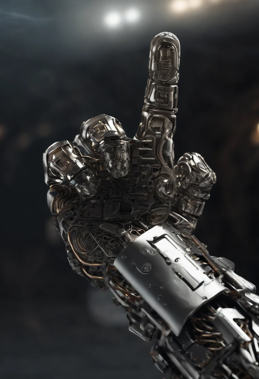 Imagine a compelling image where the subject is a robotic hand with a raised fist, specifically with the middle finger pointing up. Capture this scene with an exquisite focus on intricate details and a shallow depth of field, emphasizing the mechanical intricacies, sleek surfaces, and futuristic design of the robotic hand.
Highlight the micro-details of the robotic hand, focusing on the precision in its construction, reflective surfaces, and nuanced textures that define its futuristic aesthetics. Zoom in on elements such as the play of light on metallic surfaces, intricate joints, and the small details that contribute to the hand's technological allure.
Emphasize the shallow depth of field to bring the robotic hand into sharp focus, allowing the background to blur, creating a sense of depth and drawing attention to the advanced details of the subject. Utilize this technique to enhance the visual impact and highlight the contrast between the raised robotic fist and its environment.
Consider the lighting to enhance the micro-details, using futuristic lighting sources to create a dynamic and visually compelling composition. Illuminate the robotic hand with a mix of ambient and artificial light, casting shadows that add depth and accentuate the futuristic elements.
Imagine the robotic hand in a powerful and assertive pose, with the raised fist and the middle finger pointing up, conveying a bold statement. Craft an image that not only captures the micro-details of the robotic hand but also evokes a sense of strength, resilience, and the merging of human expression with technological innovation.
This detailed prompt aims to inspire the creation of a highly detailed and macro-focused image featuring a robotic hand with a raised fist and the middle finger pointing up, with intricate details and a shallow depth of field against a futuristic background, creating a visually compelling and assertive composition.