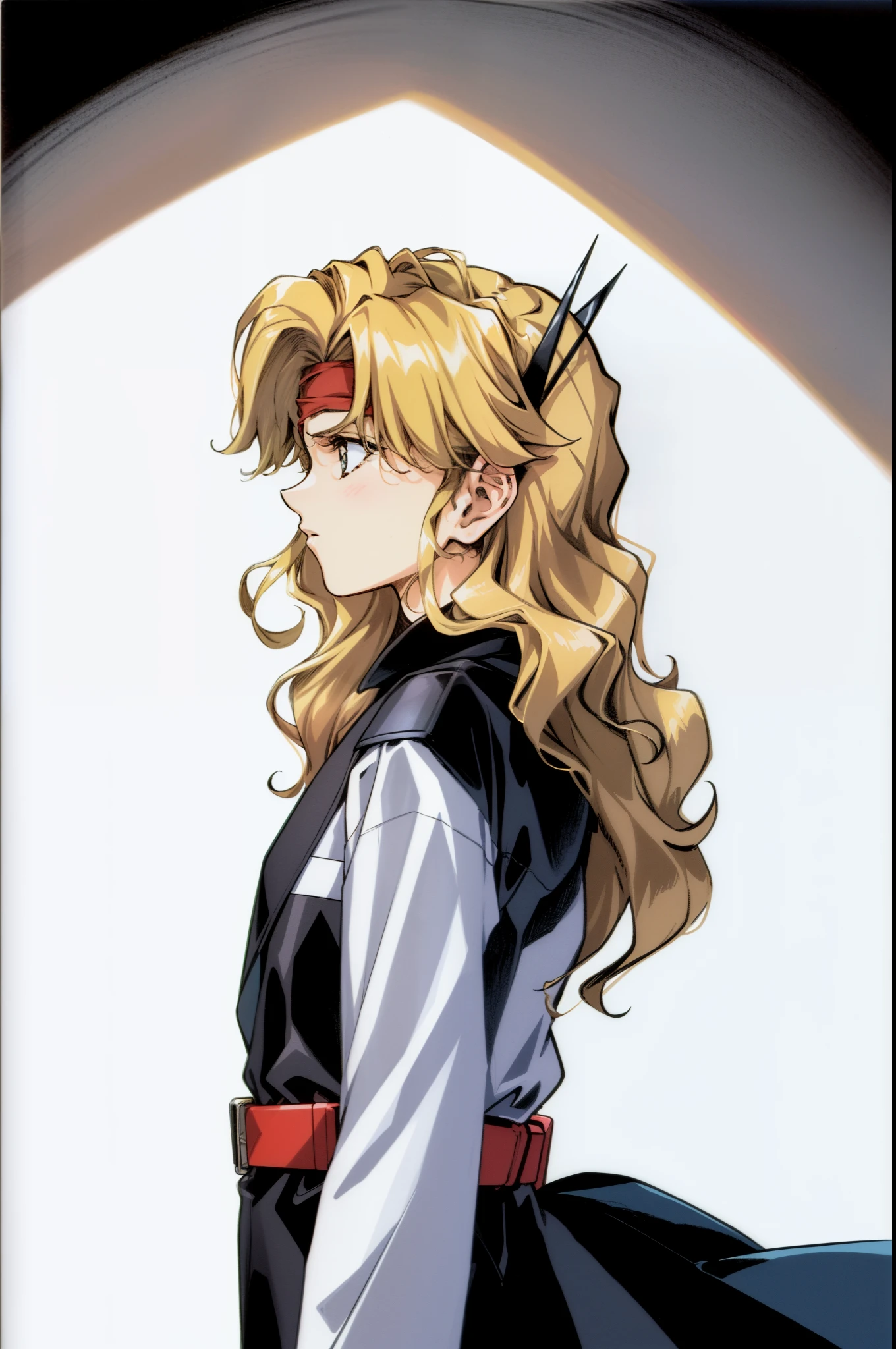 ,urushihara satoshi, 1980's anime style, character designs,highly detailed,flat color,best quality,masterpiece,dept of field,urushihara satoshi,1girl,full body,1980s \(style\),80s anime, ,((masterpiece)),(((best quality))),(character design sheet,same character,front,side,back), 1girl, solo,ear gear,blonde curly long hair,long coat jacket,,strong leadership character,she is commander,black military jacket,retro artstyle,masterpiece,bestquality,top quality,ultra highly , concept art, character sheet, (simple background, white background: 1.3),(black outfit:1.4),head band,asian eyes,beautiful eyes,best shadow,(((sharp eyes))),upper body,(girl:1.3),(determined:1.2),(FROM SIDE:1.2),macross,