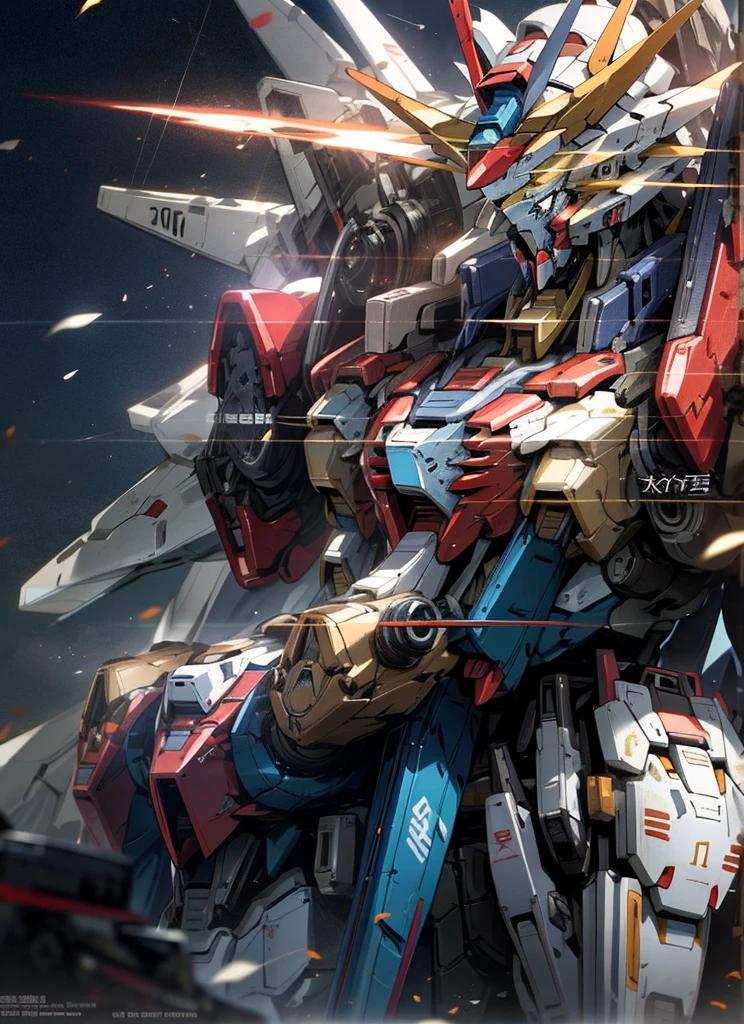 anime style picture of a large robot with a gun in the air, an illustration of by Krenz Cushart, pixiv contest winner, auto-destructive art, super robot wars, modern mecha anime, extreme gundam, gundam is windmill shaped, official anime artwork, gundam style, on a gundam, gundam robot, mecha anime, an anime large mecha robot