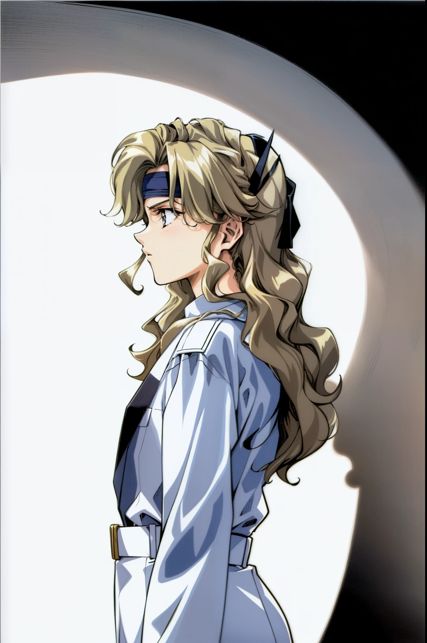 ,urushihara satoshi, 1980's anime style, character designs,highly detailed,flat color,best quality,masterpiece,dept of field,urushihara satoshi,1girl,full body,1980s \(style\),80s anime, ,((masterpiece)),(((best quality))),(character design sheet,same character,front,side,back), 1girl, solo,ear gear,blonde curly long hair,long coat jacket,,strong leadership character,she is commander,black military jacket,retro artstyle,masterpiece,bestquality,top quality,ultra highly , concept art, character sheet, (simple background, white background: 1.3),(black outfit:1.4),head band,asian eyes,beautiful eyes,best shadow,(((sharp eyes))),upper body,(girl:1.3),(determined:1.2),(FROM SIDE:1.2),macross,