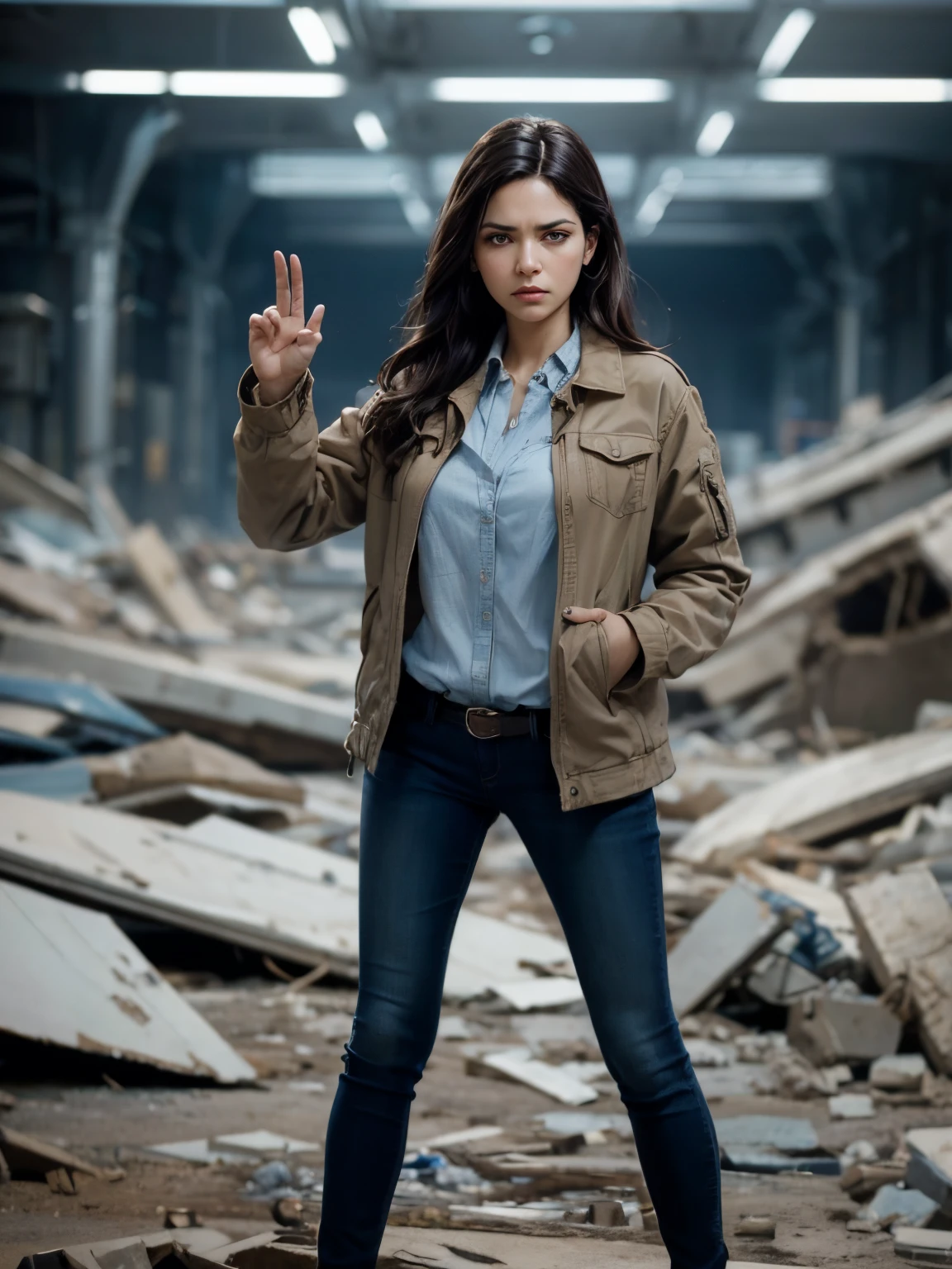 Upper body close-up image.A beautiful woman holds one hand toward the camera with an angry look on her face. She's trying to use telekinesis. Early twenties. Dark brown hair. black eyes. She is wearing a jacket and blue jeans. She is in a vast scientific research facility littered with rubble.