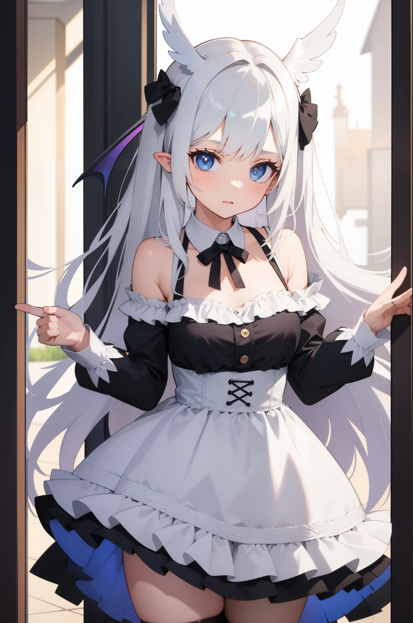 masterpiece, {{{{Highest quality}}}}, beautiful,1 girl, White_hair, cat ears(White), cat tail(White), frilled choker、miniskirt_dress, bare_shoulders, garter belt,garter straps