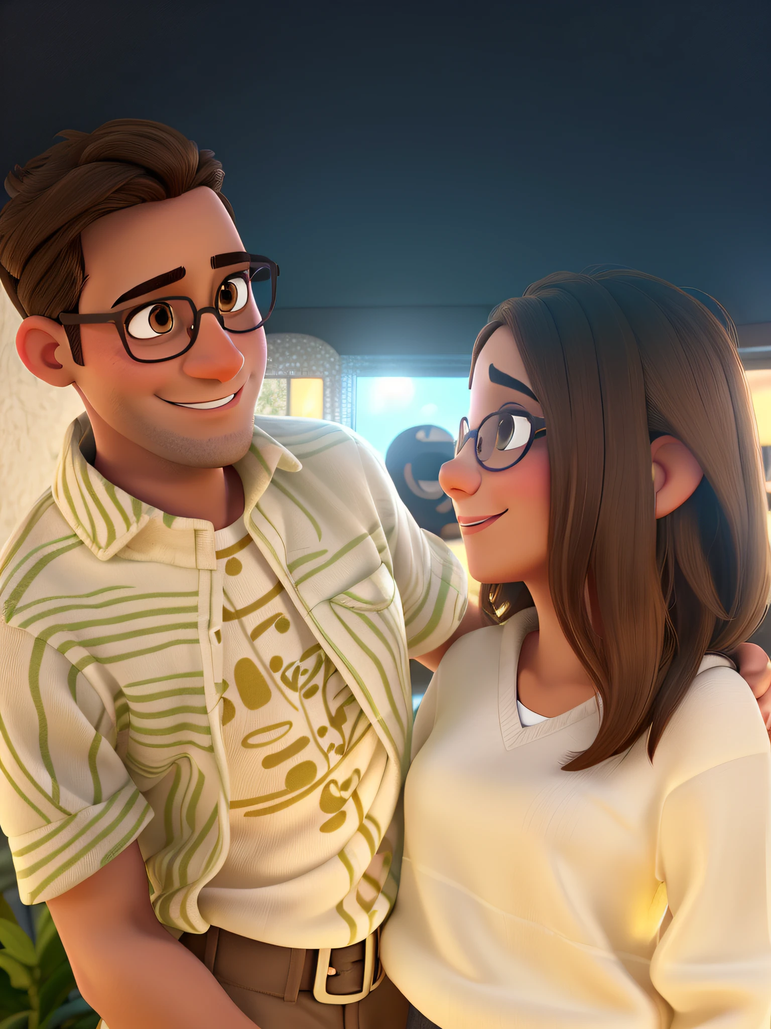 Casal (brunette man with tanned nose and small ears wearing glasses completely bald brown eyes and white woman)smile on my face green eyes light brown hair to the shoulder in Disney Pixar style, alta qualidade, melhor qualidade.