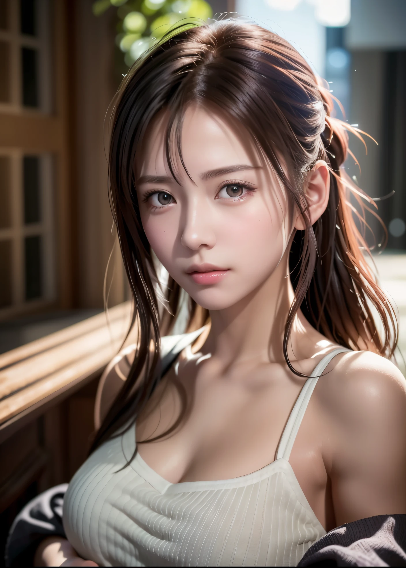 8K, of the highest quality, masutepiece:1.2), (Realistic, Photorealsitic:1.37), of the highest quality, masutepiece, Beautiful young woman, Pensive expression, Gentle eyes, sexy camisole、Hair tied back, Messy mood, Cinematic background,  Light skin tone