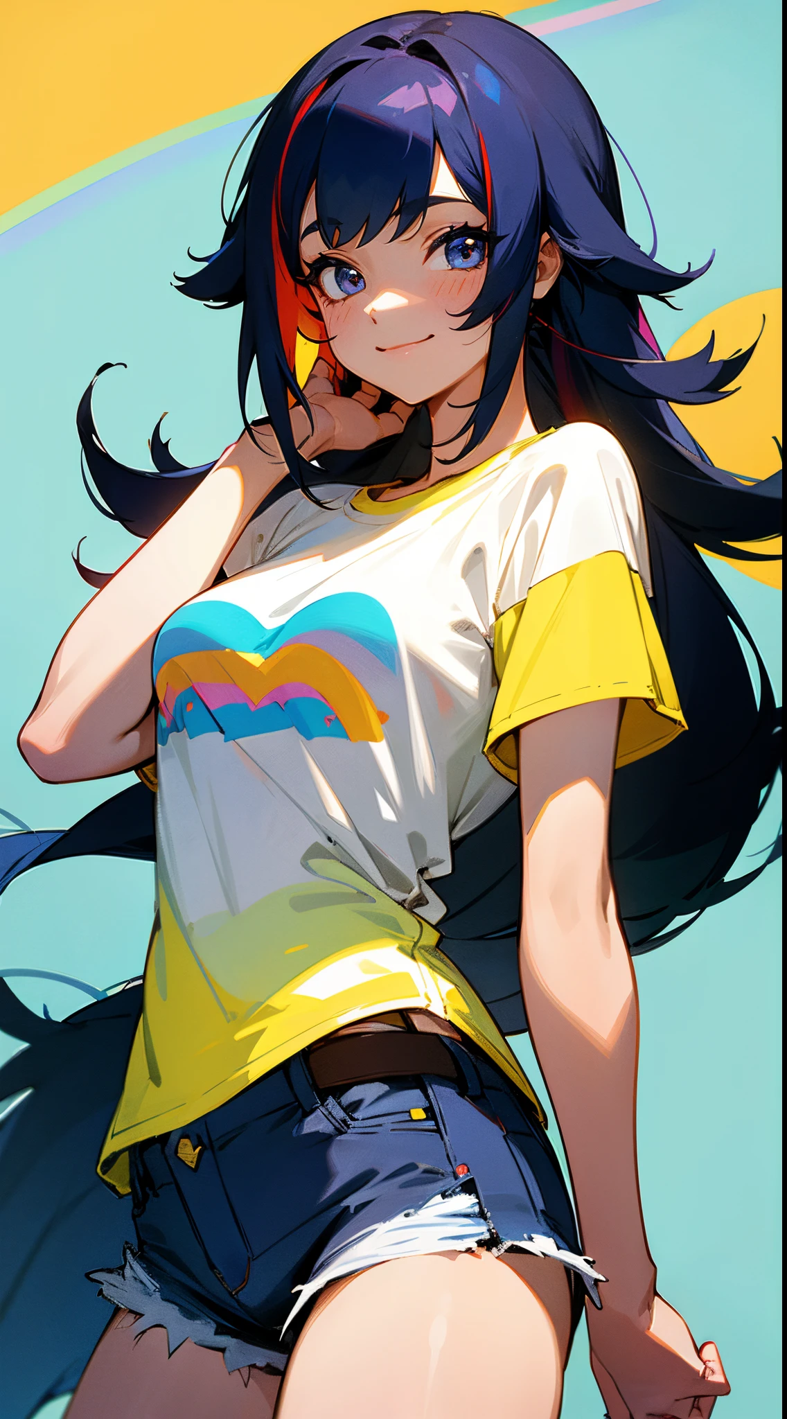 1 girl, long mullet hair, rainbow hair, plain thick T-shirt, jean shorts, light smile