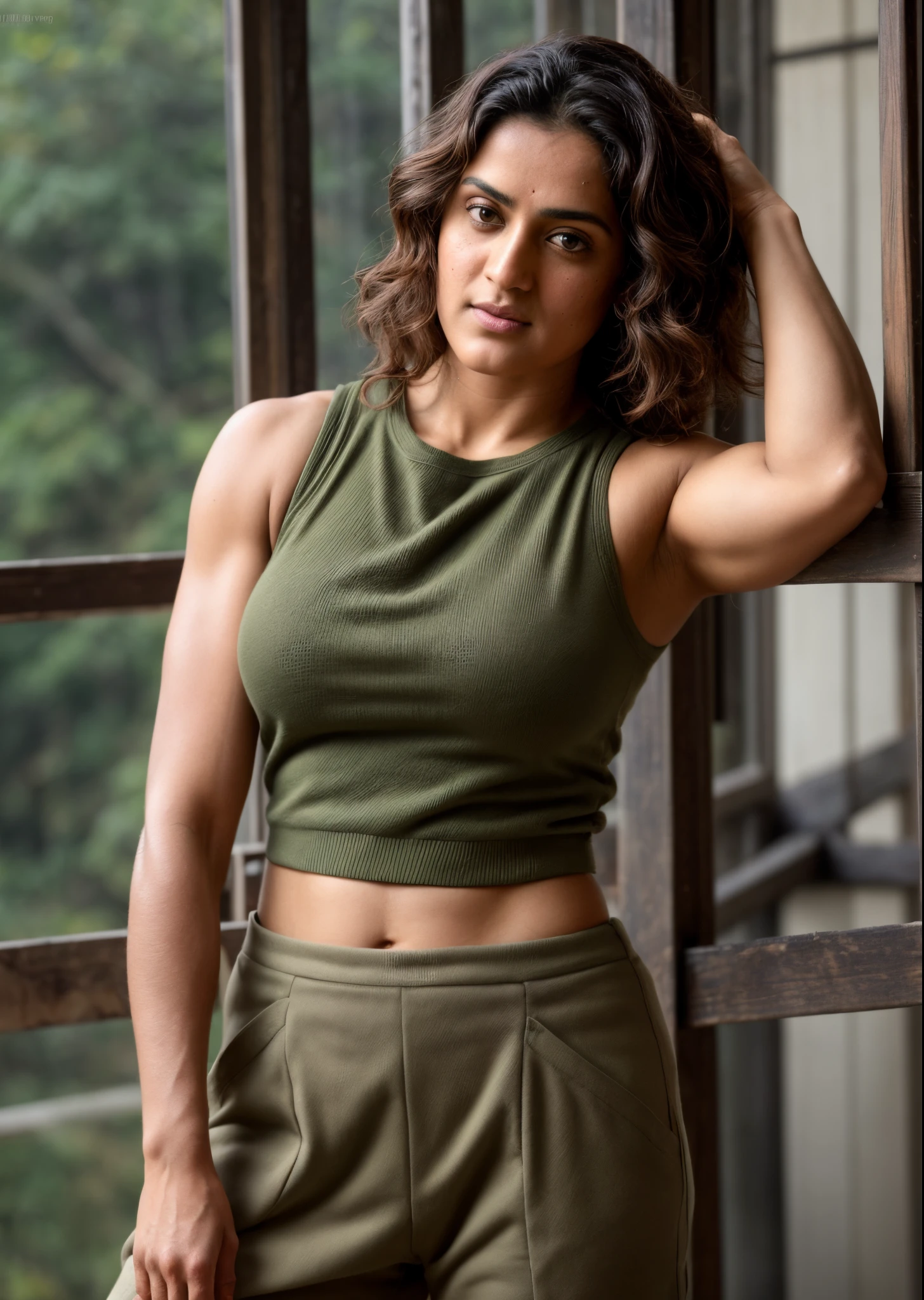 Face of PV Sindhu and Tapsee Pannu, perfect thick dusky Beauty, dynamic lighting, wearing olive green Knit Cami top, She is the combination of  Beauty and power, detailed hairy armpits, super hot cop, mascular Woman doing exercise, full of sweat, sweaty body, sweat, shiny skin, movie stills, cinematic portrait, cinematic Lightning, Highest quality, (dramatic lighting:0.7), masterpiece, high angle shot, perky breast, big tight breast, RAW photo of (pale 45 year old military Special Force woman with short styled hair, mascular woman with heavy physique, looking up at the viewer), cute, Extremely sweat, (wearing sleeveless 
square neck vest, thin cotton ), doing free hand excercise in a military camp in jungle, portrait, perfect face, beautiful eyes, vivid detail, (highly detailed skin), freckles, sfw, (blue tint:0.6), (dirty:0.8), (bloody:0.7), key lighting, (backlighting:0.5), medium depth of field, photographed on a Canon 5D, 50mm lens, F/4 aperture, (hyperdetailed, intricate details), sharp focus, muted colors, 8k, absurdres, 8mm film grain, war photography, perfect eyes, detailed eyes, sharp focus,