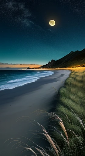New Zealand beach with tall grass and breeze at midnight full moon in the sky