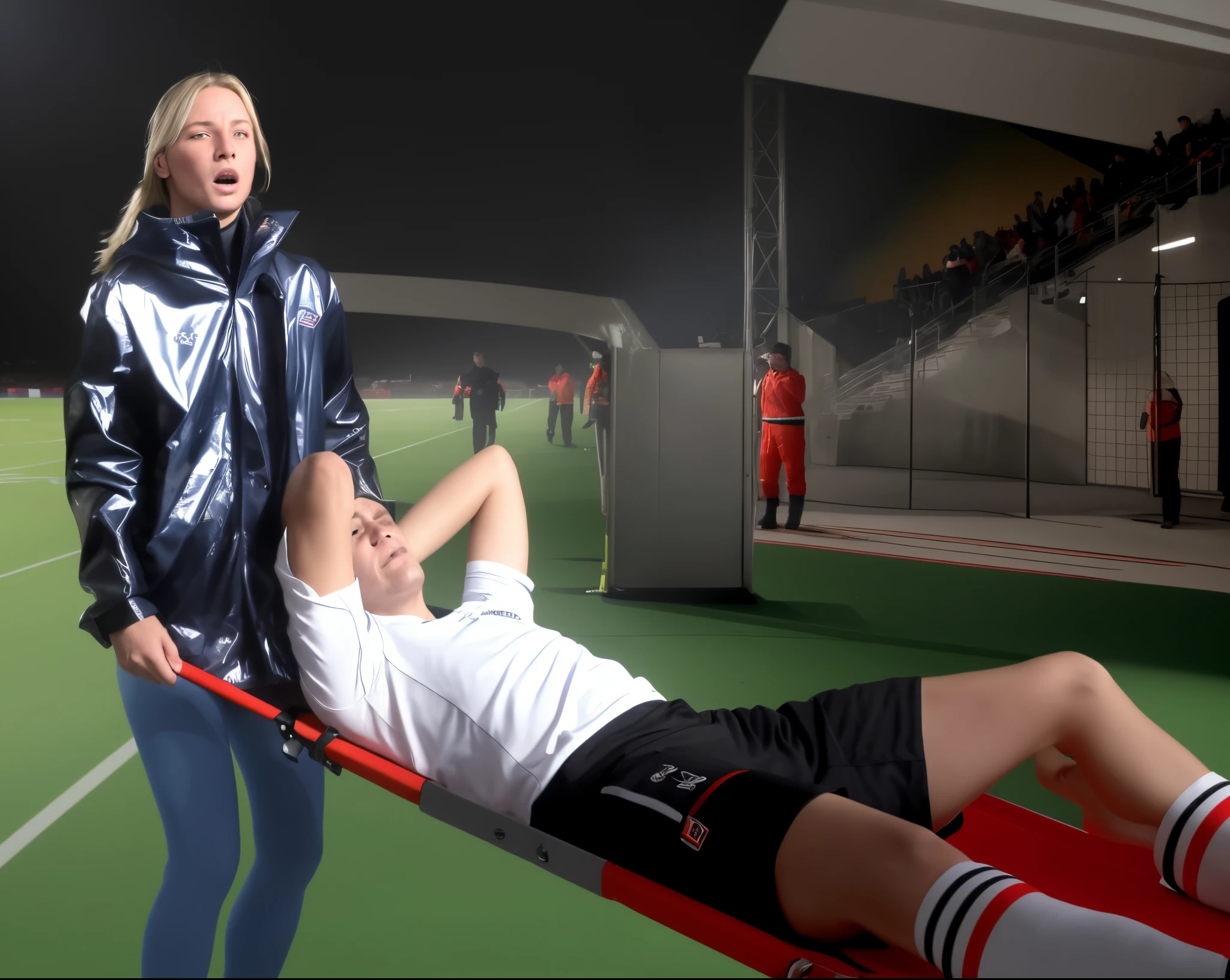 Photography of an injured sportsman on a stretcher being carried by a longhaired blond woman in a long black down coat, a young male soccer player in short sportswear is lying on his back on a stretcher and is grabbing his shin with his hands, hyperralistic, very realistic, ultrarealistic photorealistic, pgoto, photoreal, a young woman is wearing a high shine black downcoat and is holding a stretcher inside a sports stadium, a young madeup blond woman in a high-shine padded coat is shouting out for help and has a very sad and furious expression in her face, a sportsman is lying on a stretcher and has a very painful and suffering face, a young sportsman on a stretcher with a very painful expression in his face, dramatic action pose, sports accident, injury scene, theatralic pity pose, pity pityful, pain, a sportsman is lying on a stretcher and is crying in pain, a young madeup woman in a shiny coat is carrying a man on a stretcher inside a sports stadium, sports scene, stadium