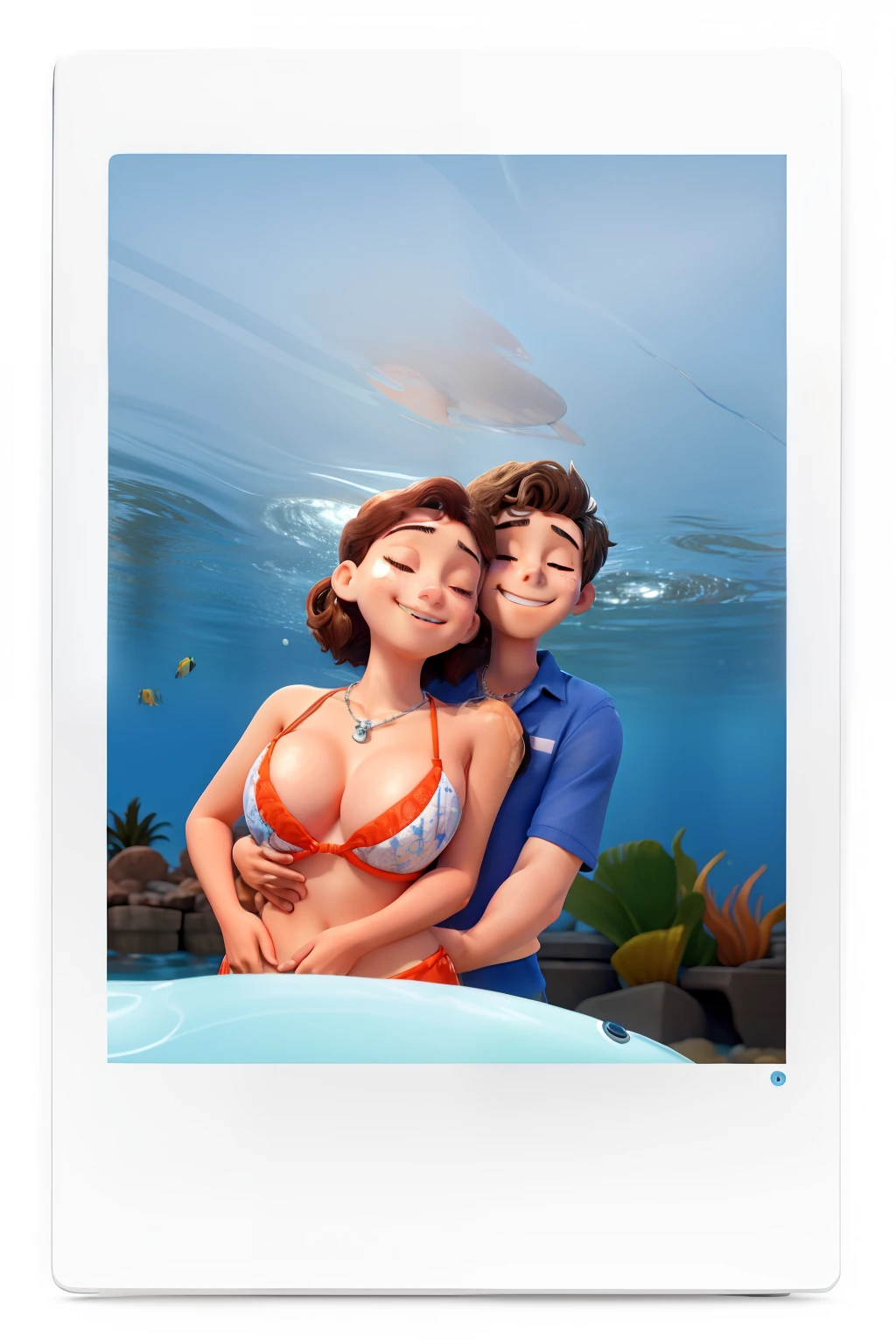 In the sea back cam 0.5 selfie the girl wearing swimsuit bra orange and have necklace and then smiling closing her eyes . The boy smiling close eyes while hugging his girlfriend and the boy wearing blue shirt