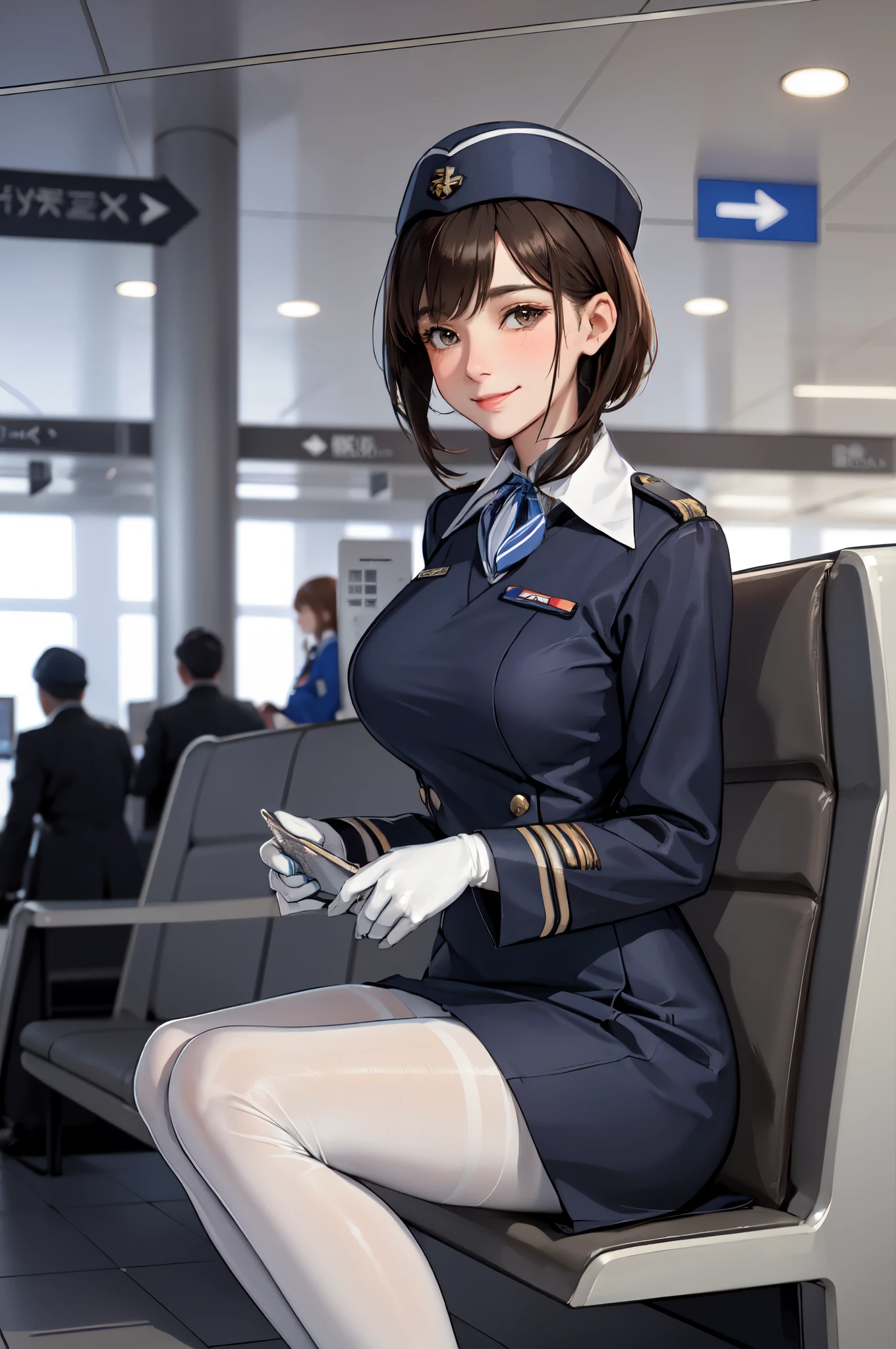 1lady solo, stewardess, (stewardess uniform) (garrison cap), mature female, /(brown hair/) bangs, blush kind smile, (masterpiece best quality:1.2) ultra-detailed, large breasts pantyhose BREAK /(airport lounge/) indoors