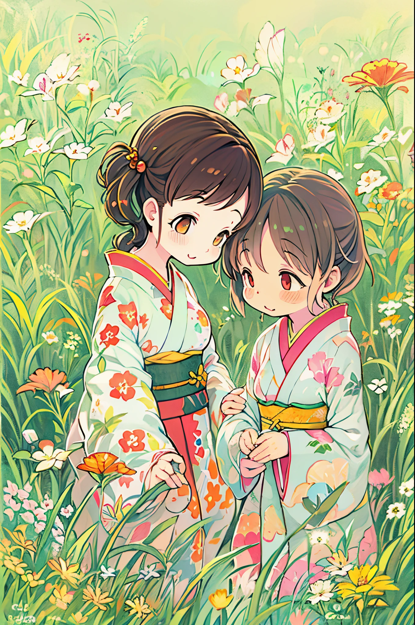 fairytale illustration/Reiko Ikemura, pixabay, simple art, full color illustration, Cute fairy tale illustration, Picture book illustration, Illustration, Hayao Miyazaki's style, In the field, Kimono, Kimono、Two girls、lesbian