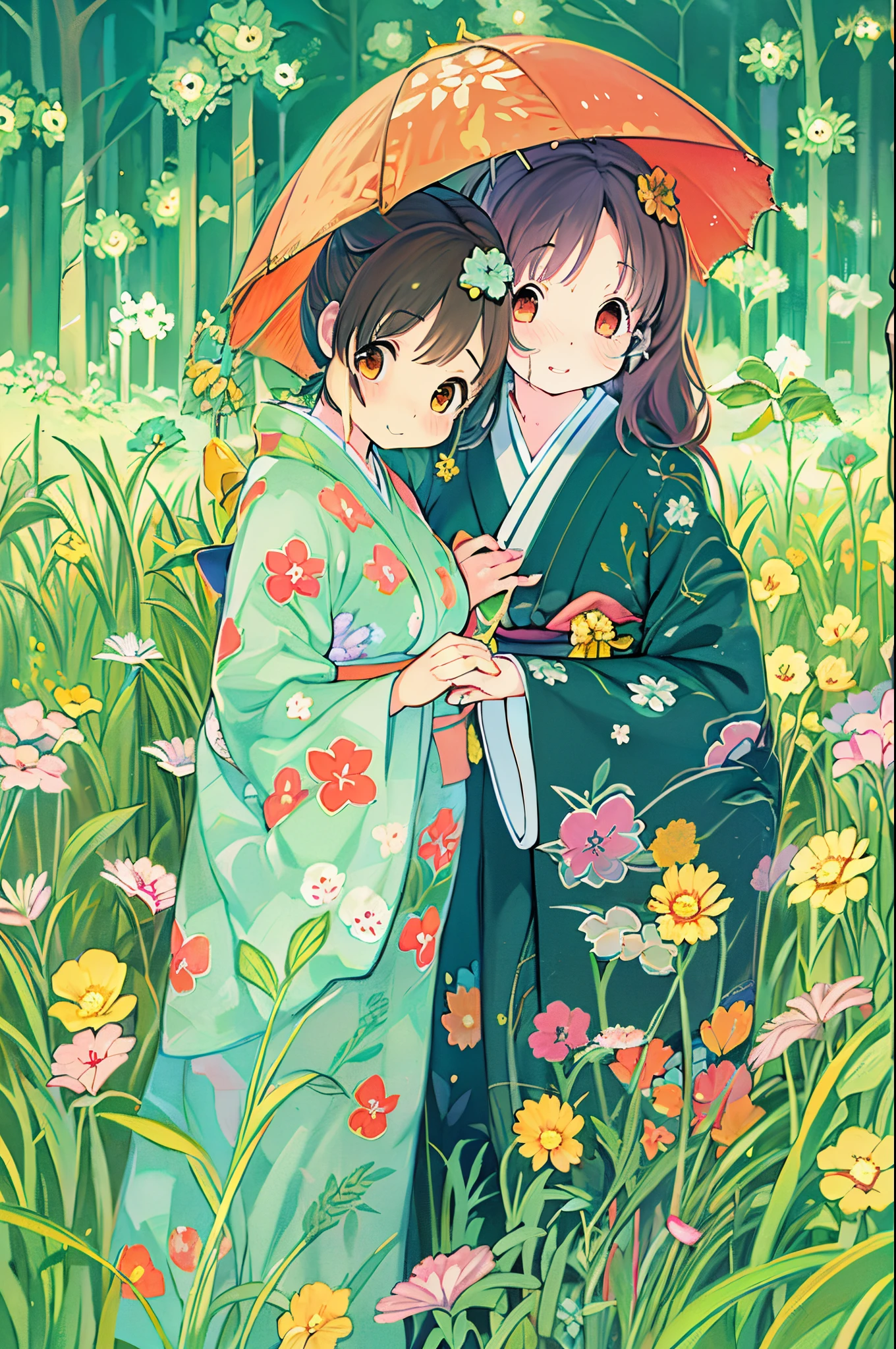 fairytale illustration/Reiko Ikemura, pixabay, simple art, full color illustration, Cute fairy tale illustration, Picture book illustration, Illustration, Hayao Miyazaki's style, In the field, Kimono, Kimono、Two girls、lesbian