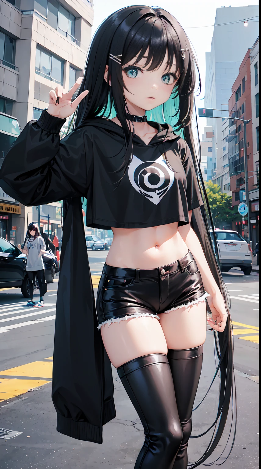 , 1girl, young girl, anime style, skinny body, Anime young girl wearing crop top black hoodie, skinny jeans pants, blue long hair with hair-clip, green eyes colour, pose picture of her cute pose, straight on street of towers, anime art wallpaper, detailed, 8k, high quality