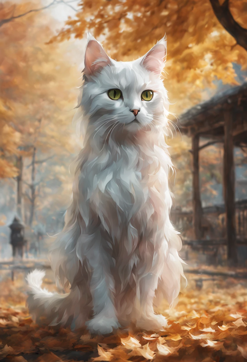 (((ghost cat ))) There is a cat sitting in leaves, anime cat, warrior cat fan art, realistic anime cat, cute detailed digital art, anime art wallpaper 4K, anime art wallpaper 4K, beautiful digital artwork, cute digital painting, 4K detailed digital art, 4K highly detailed digital art, very, very beautiful furry art, cute cat anime vision, picture color color rich some.