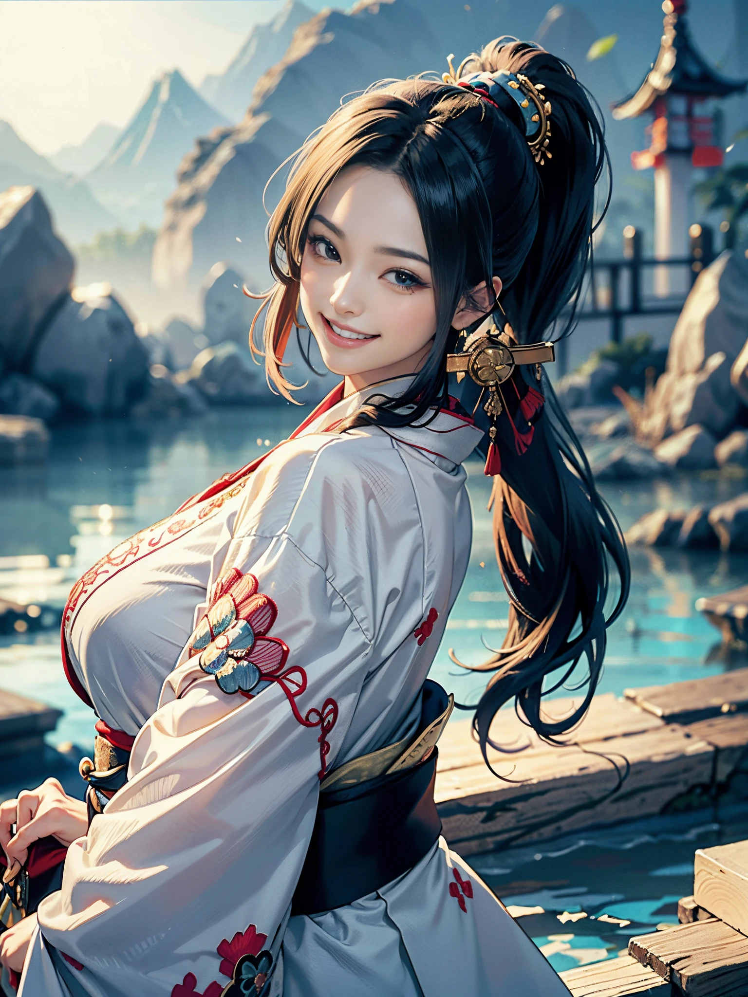 Background of details(Fractal art:1.2),BREAK ,elaborate costume(Luxurious Japan kimono(Colorful kimono(detailed embroidery))),BREAK,(one beautiful woman(huge smile:1.5)(Japanese actressl)(A dark-haired:1.2(long hair ponytail:1.2)(inner colored(reddish)))(eye glass)),(She has a beautiful hairpin),BREAK,Wallpapers 16K,Blur the background,)(masutepiece,Best Quality,Portrait photos):1.5