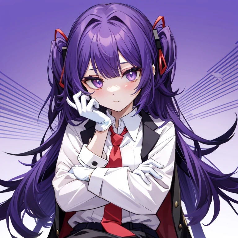 KyokoDG, 1girl, crossed arms, necktie, solo, jacket, shirt, purple background, looking at viewer, long sleeves, library background, upper body, white shirt, collared shirt, closed mouth, adjusting gloves, (sitting, spreading legs:1.5, ),