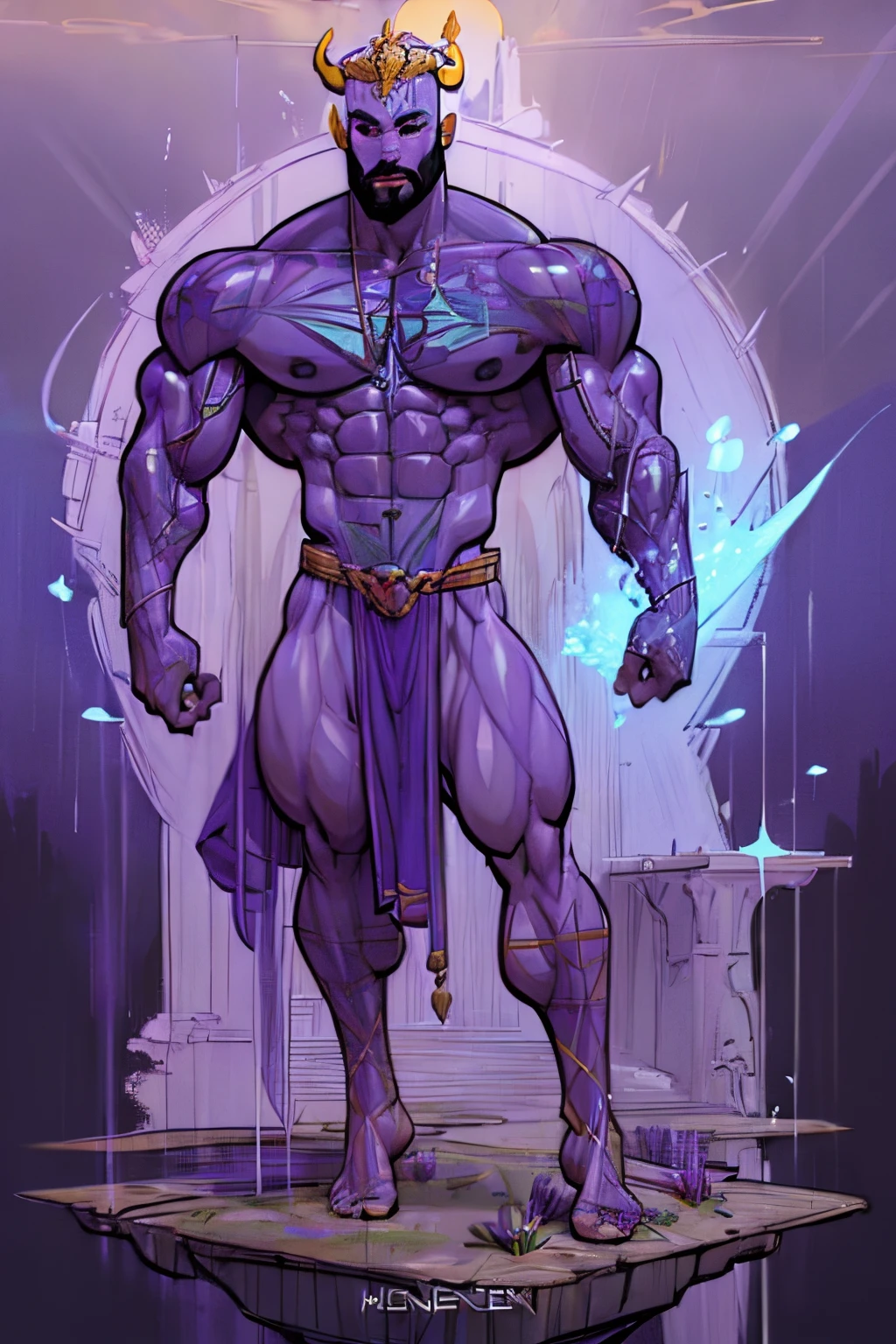 ((Confident pose:1.5)), a painting of a (((muscular))) man with water Aura, large body of water surrounds man, The God Poseidon, ((thick muscular thighs)), The God of the Sea, brown loincloth, golden horns on head, divine, ((colored lavender skin)), colored skin, ((lavender skin:1.5)),((light lavender face)), ((lavender legs)), ((light lavender arms)), ((lavender feet)), Like an Atlantean, ((no hair)), veiny biceps, chiseled abs, muscular legs, bald head, masterpiece, 8k