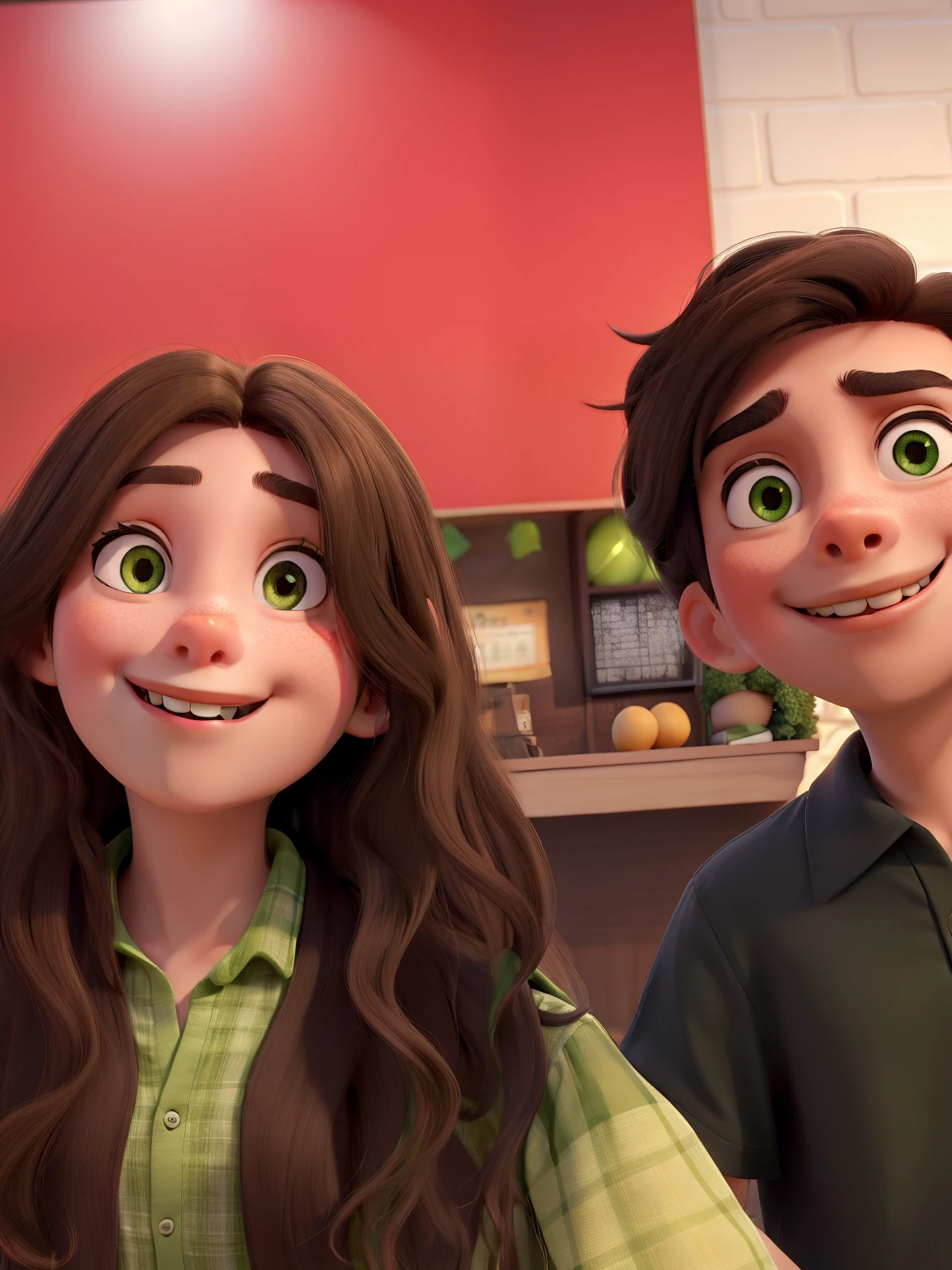 Long brown hair girl wearing green shirt and then posing her tongue out and the boy black hair and black shirt with confuse face