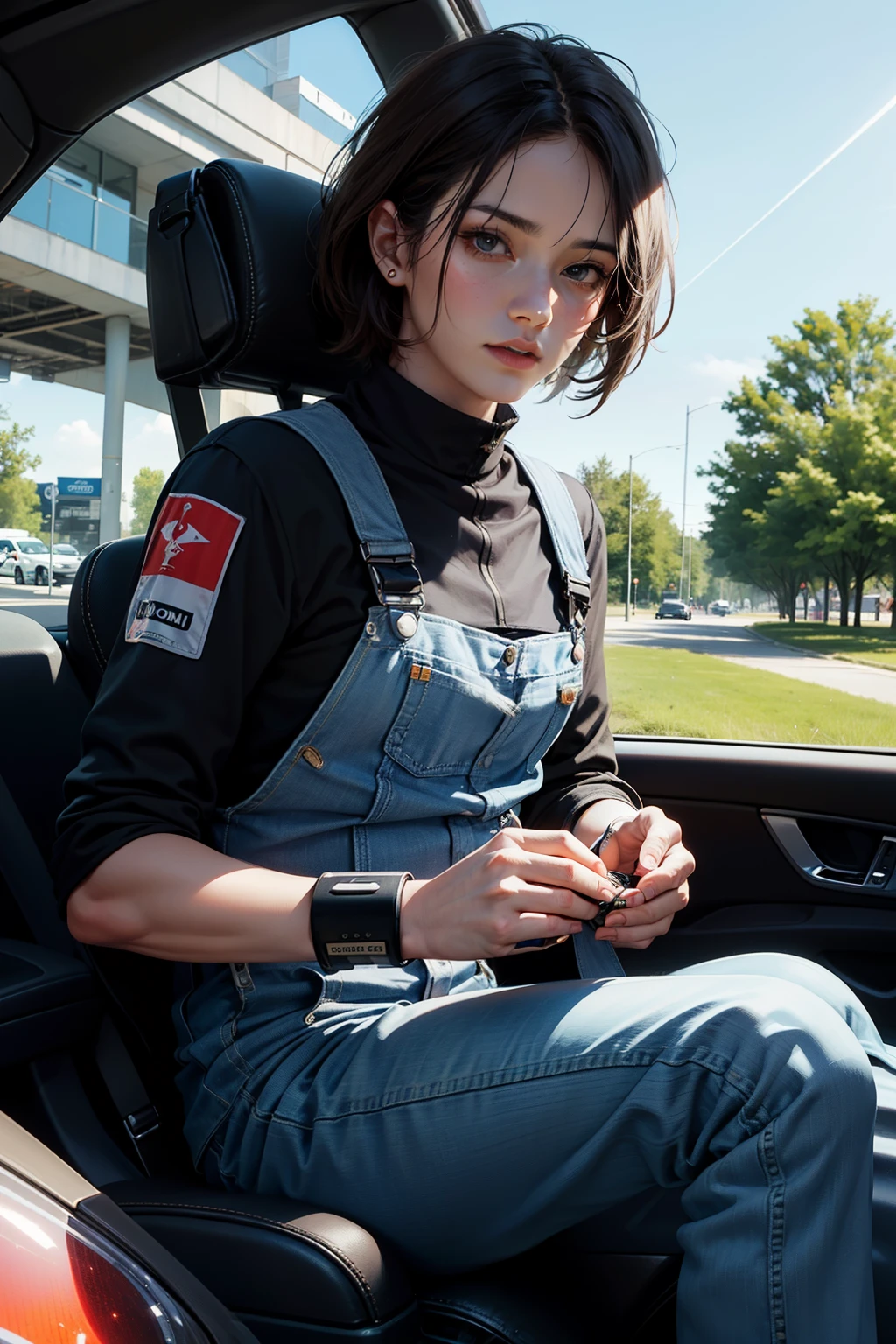 A boy with short hair driving a car in the future world,hsr,large panorama,kosmos,cyber punk perssonage,Wandering Earth,The Car,the motorcycle,Boys with double eyelids,Teamwork,Save the world,alien spaceship,extreme light,laser,Perfect hair,Perfect facial details,perfect facial expression,Perfect skin,True skin texture,wearing overalls,Technological equipment,Faraway view,full bodyesbian