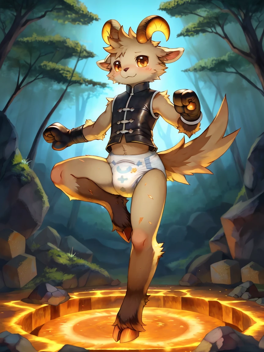 ((by wadorigi on Twitter)(Lamb)), pokemon, kid proportions, cute, adorable  , thin thighs, hooves,  upper limb hooves, light brown fur, horns made of amber , (crater on floor with amber color cracks and fissures), cube shaped rocks on surroundings, rocks floating on surroundings, amber stones floating on surroundings, wearing soggy messy padded  diaper, wearing dark brown vest, (leather padded  fist mitts), leather wrist cuffs, kung fu pose, in forest