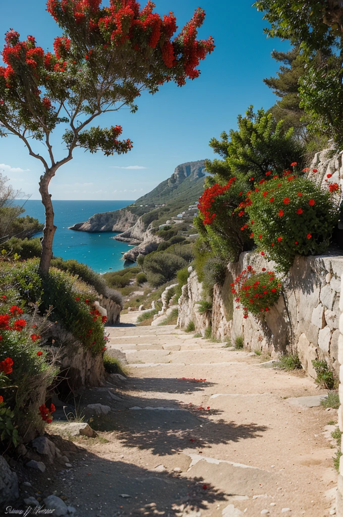 mediterranean landscape, white rocks, path up mountain, trees with dark leaves, red flowers, turquoise sea in background