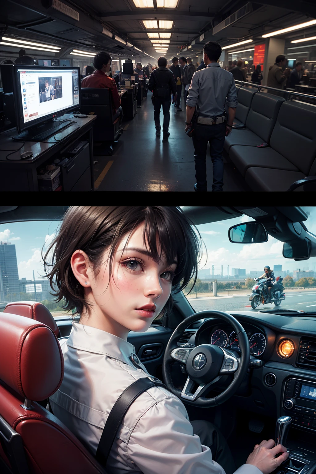 A boy with short hair driving a car in the future world，hsr，intercom，large panorama，kosmos，cyber punk perssonage，Wandering Earth，The Car，the motorcycle，Boys with double eyelids，Teamwork，Save the world，alien spaceship，extreme light，laser，Perfect hair，Perfect facial details，perfect facial expression，Perfect skin，True skin texture，wearing overalls，Technological equipment，Faraway view，full bodyesbian