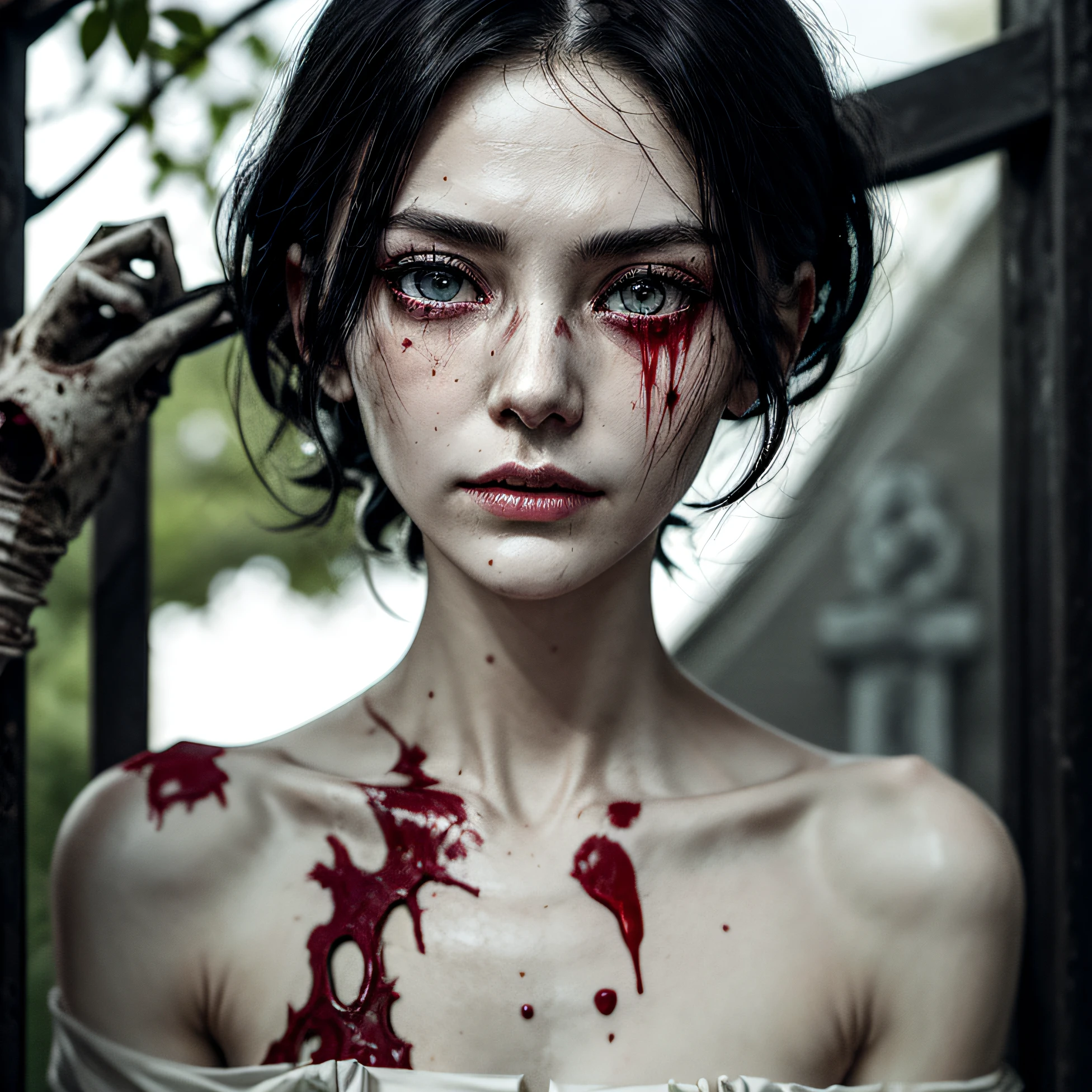 corpse, sinister, female, thin, pale, looking at the camera, ultra realistic, fully detailed, cemetery environment, bright eyes, white dress torn and stained with blood, bones exposed, putrid wounds, sensual, terrifying, bruised by the body, exposed fracture in the collarbone, slight smile, super detailed, black short hair, wounds, blood,